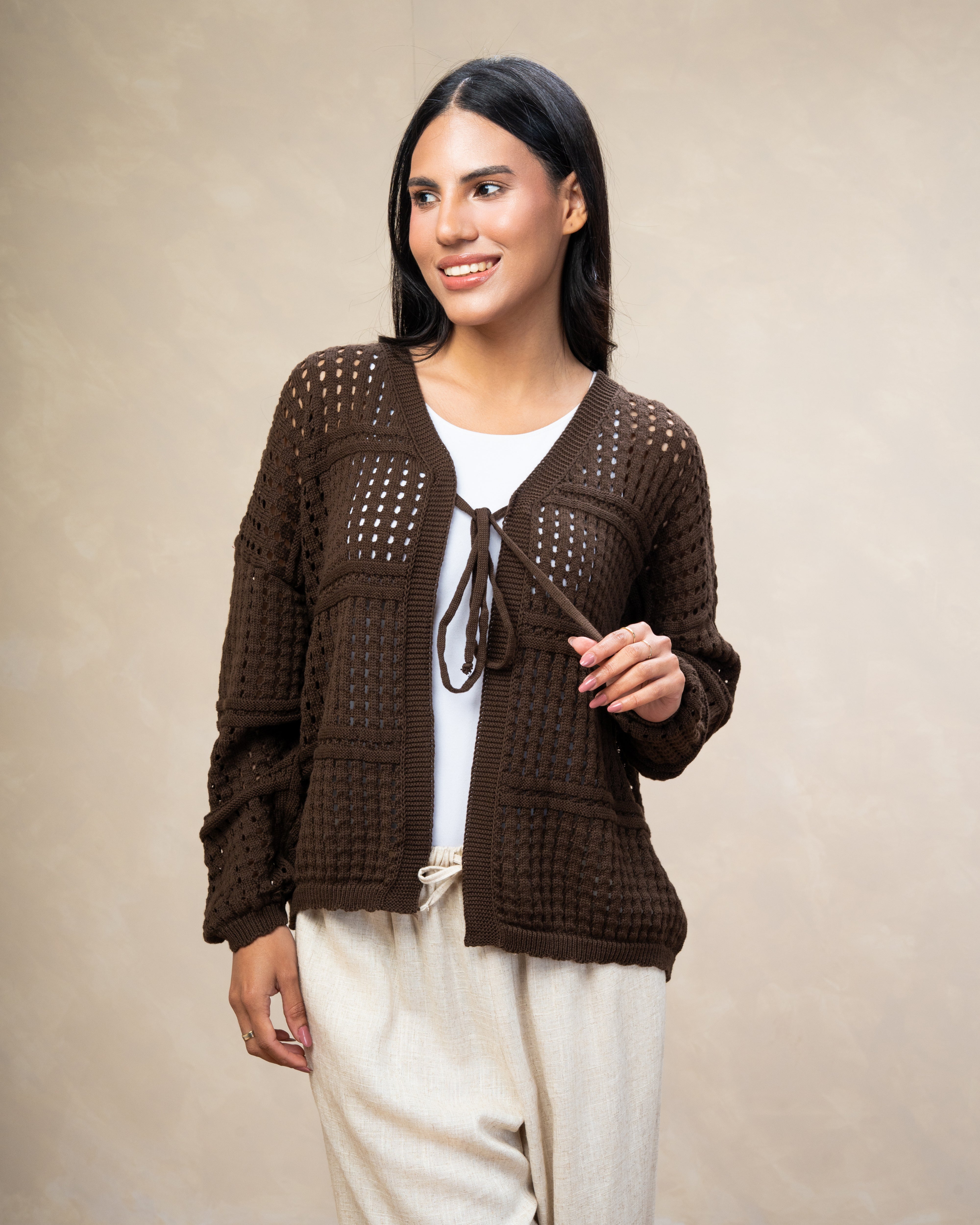 Open Knitwear Cardigan - With Square Pattern And Tie