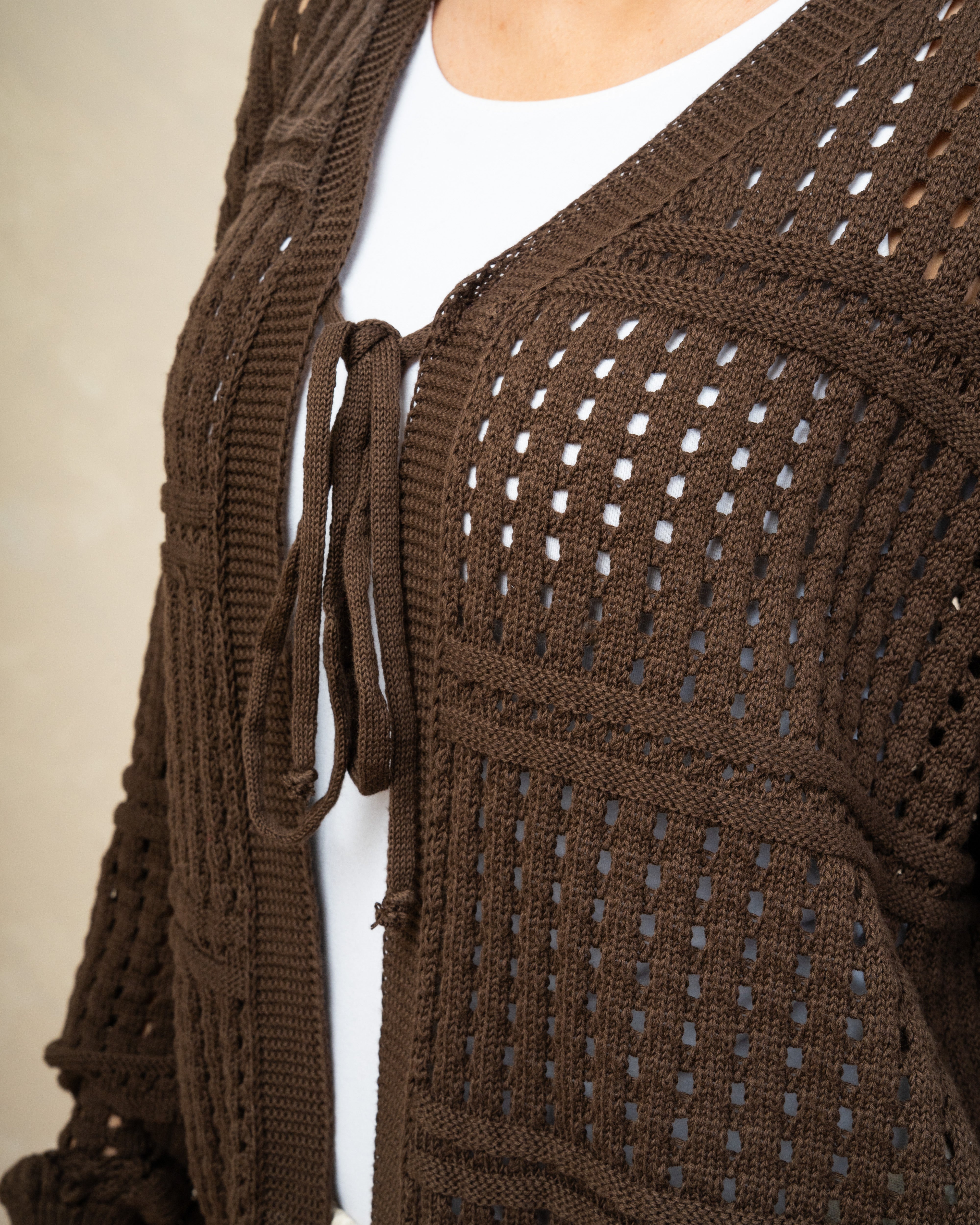 Open Knitwear Cardigan - With Square Pattern And Tie
