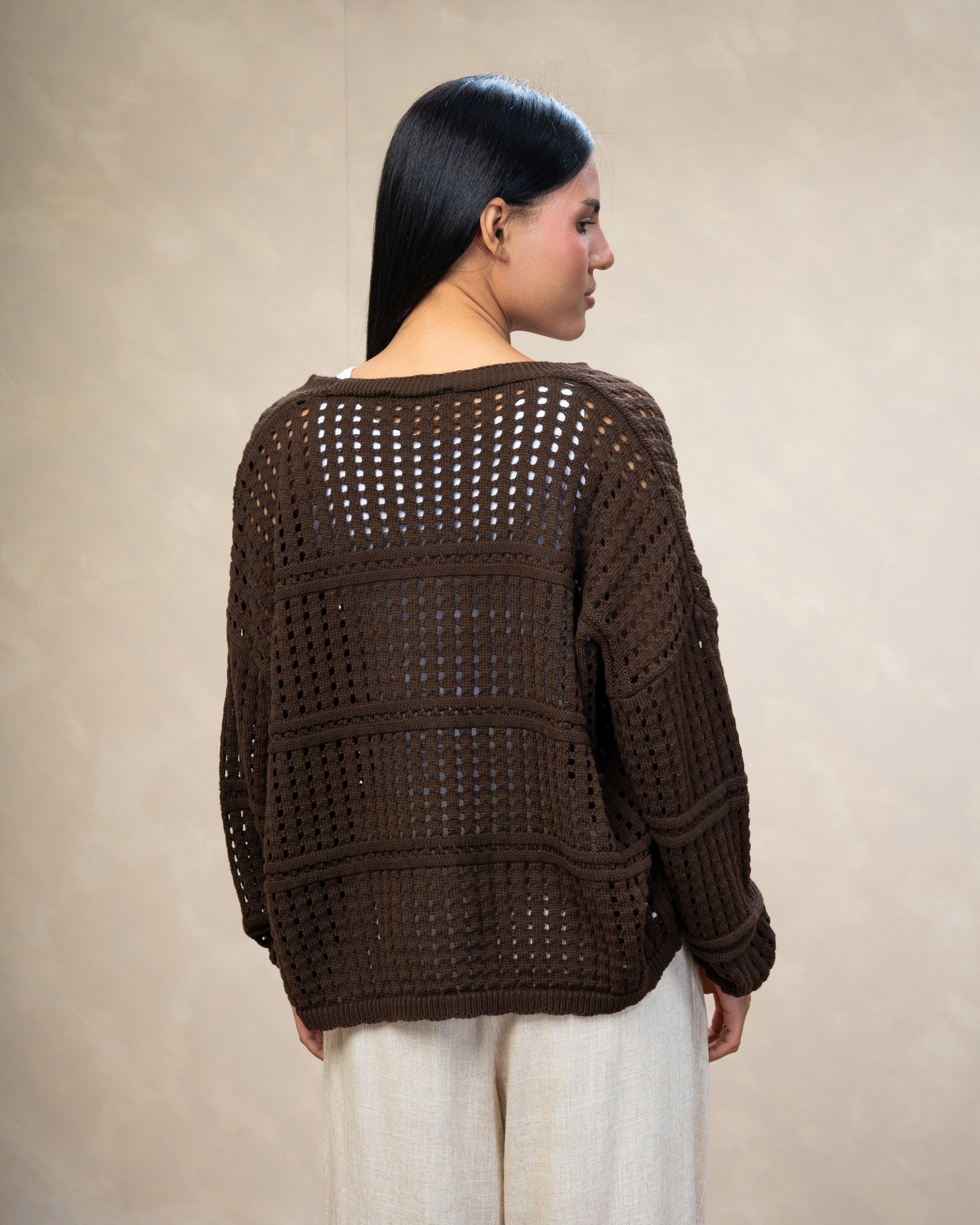 Open Knitwear Cardigan - With Square Pattern And Tie