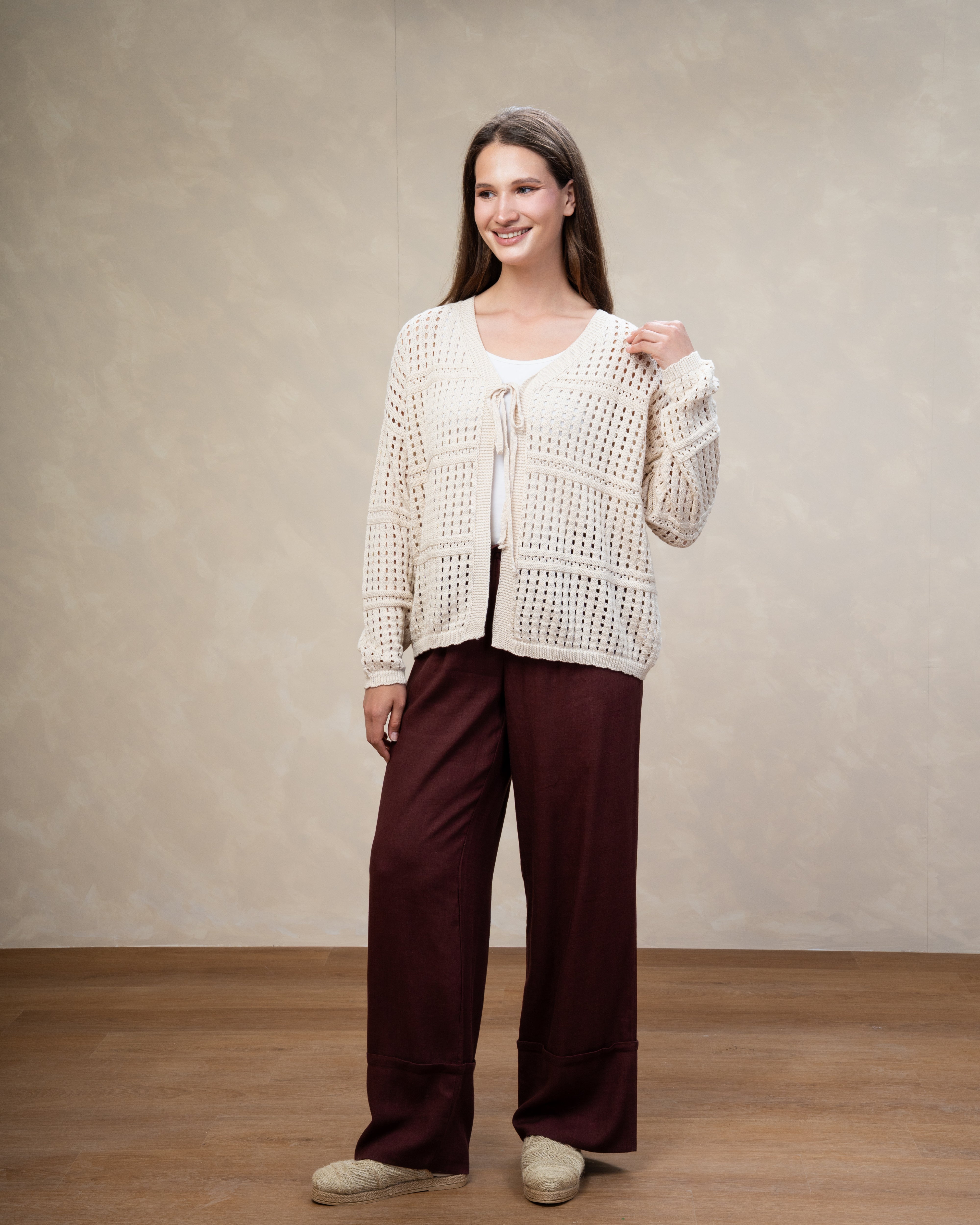 Open Knitwear Cardigan - With Square Pattern And Tie