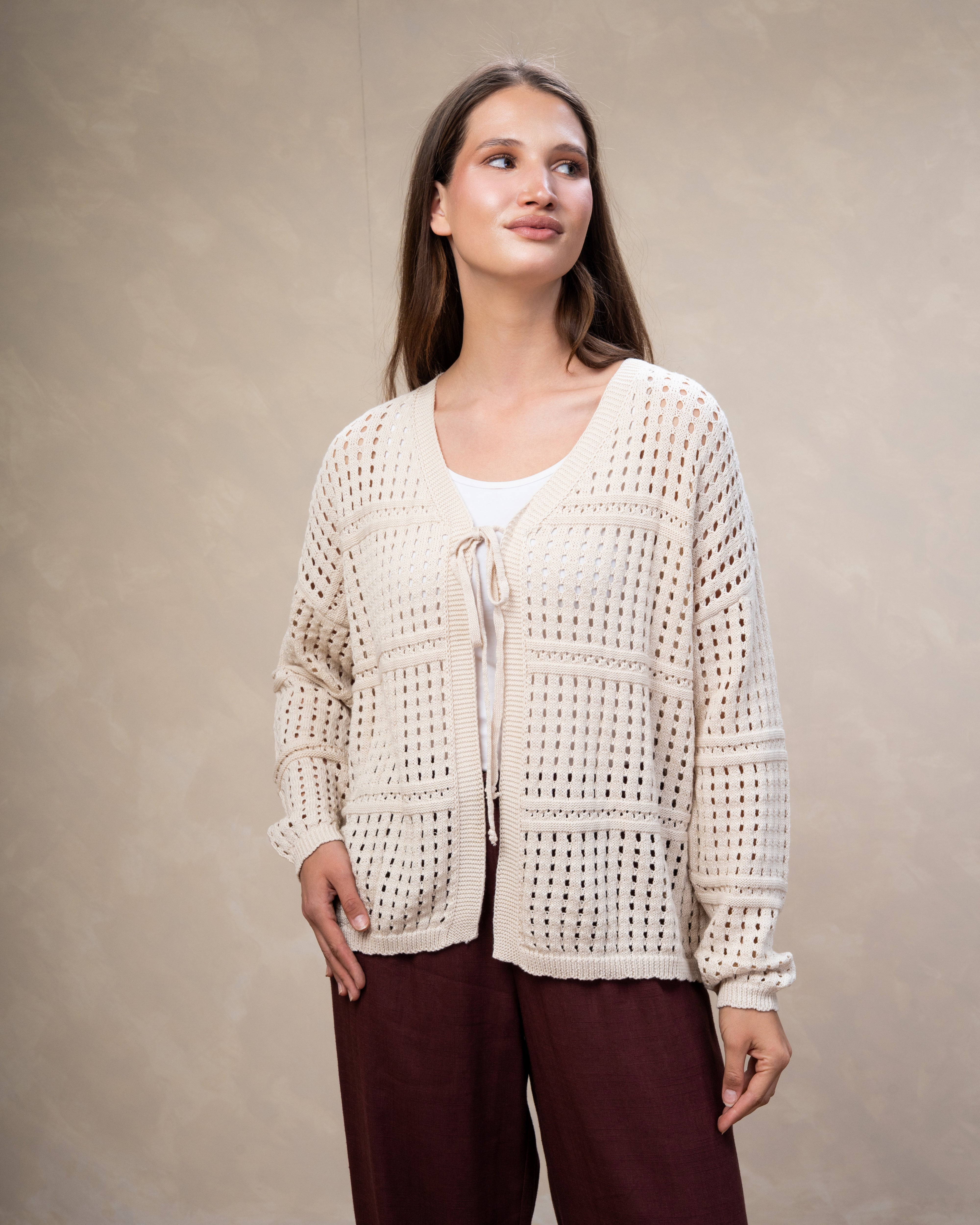 Open Knitwear Cardigan - With Square Pattern And Tie