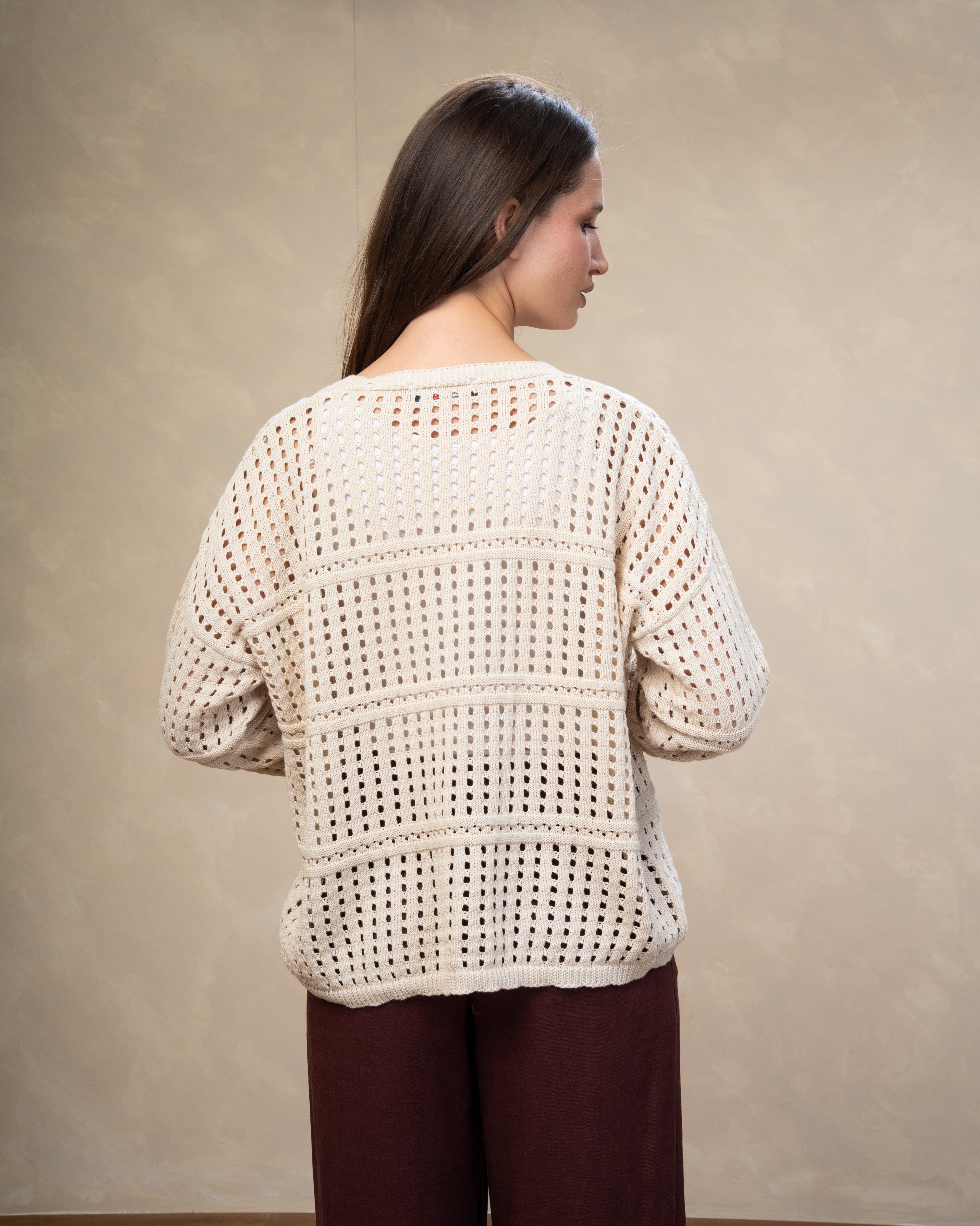 Open Knitwear Cardigan - With Square Pattern And Tie