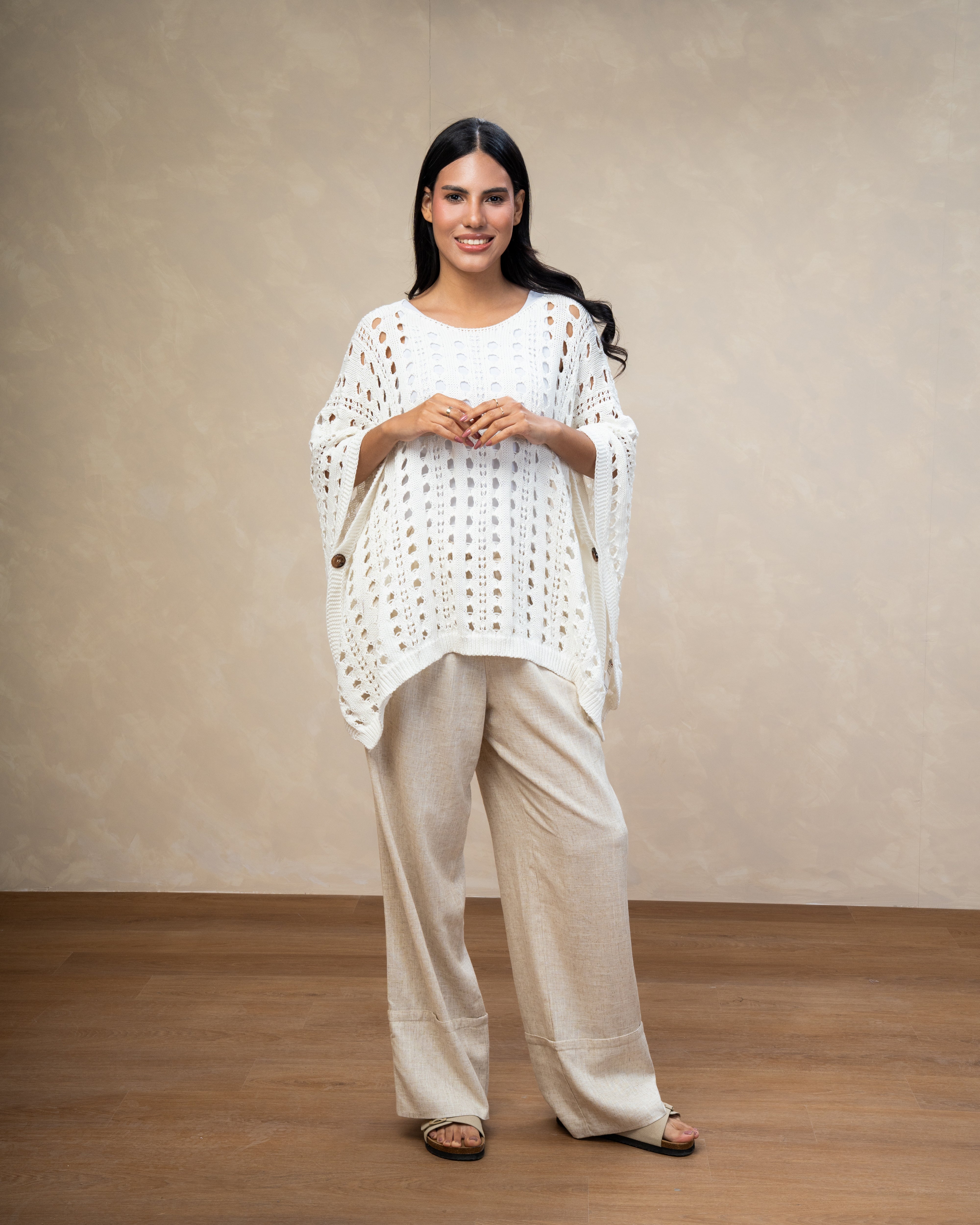 Open Knitwear Cardigan With Square Pattern And Tie