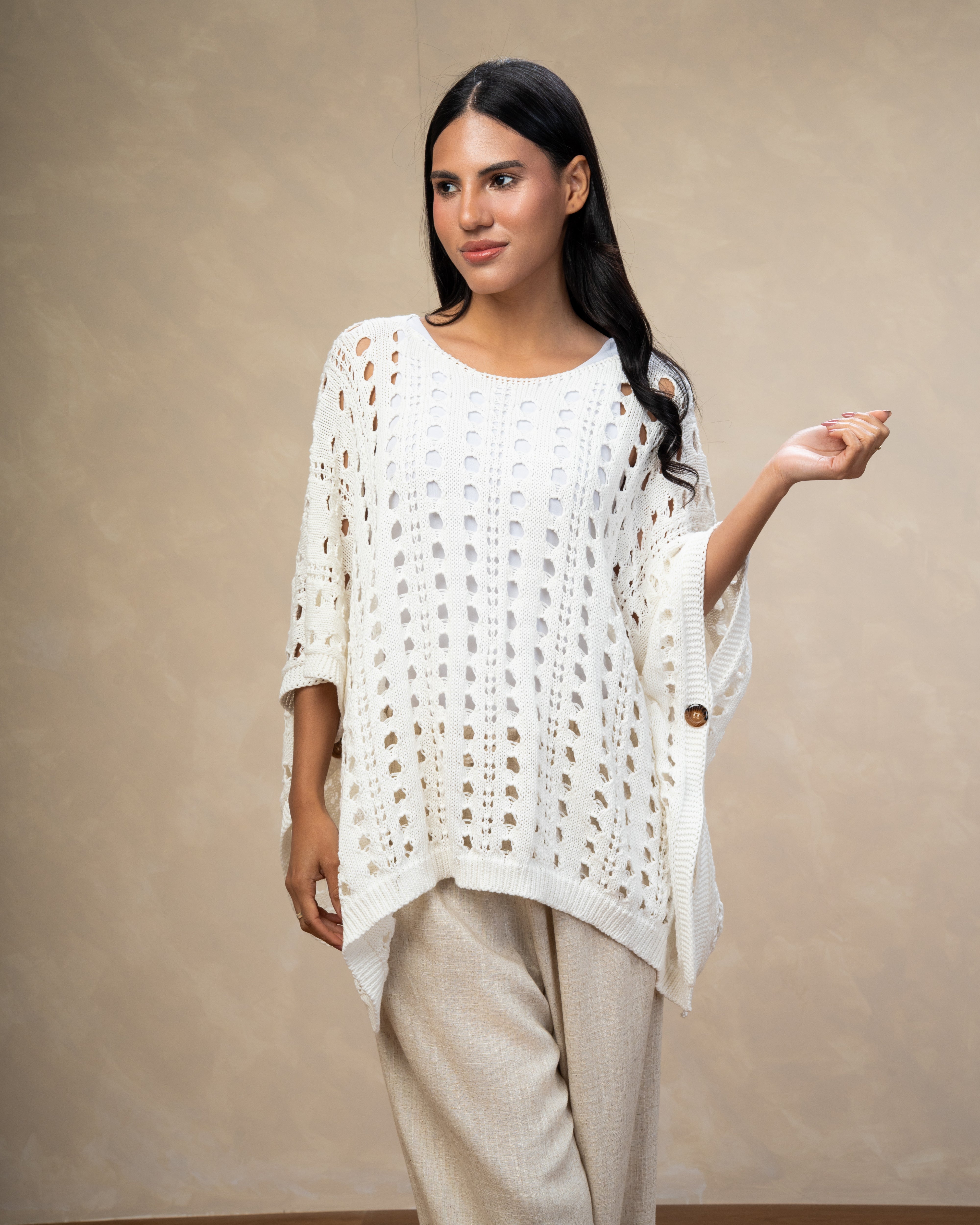 Open Knitwear Cardigan With Square Pattern And Tie