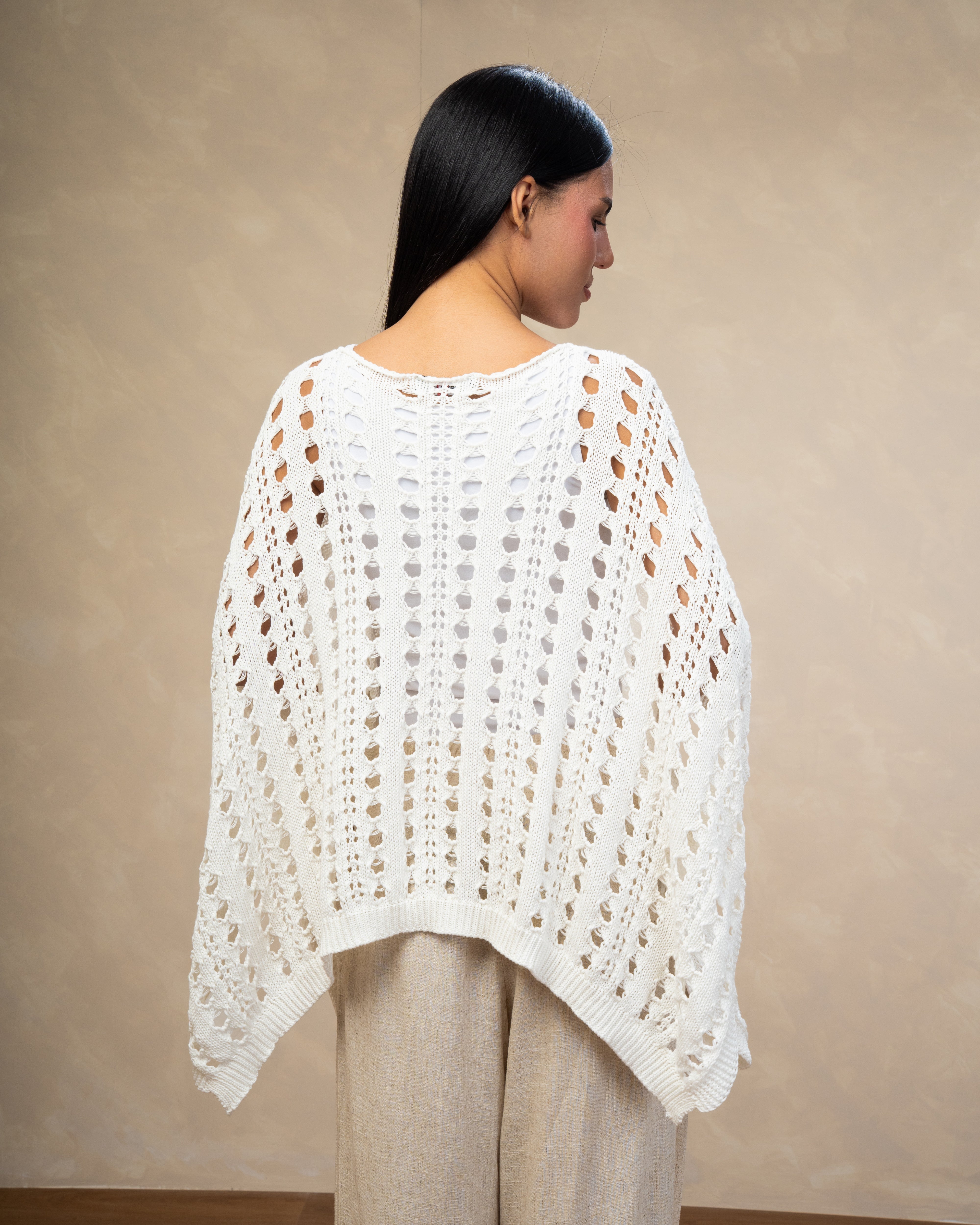 Open Knitwear Cardigan With Square Pattern And Tie
