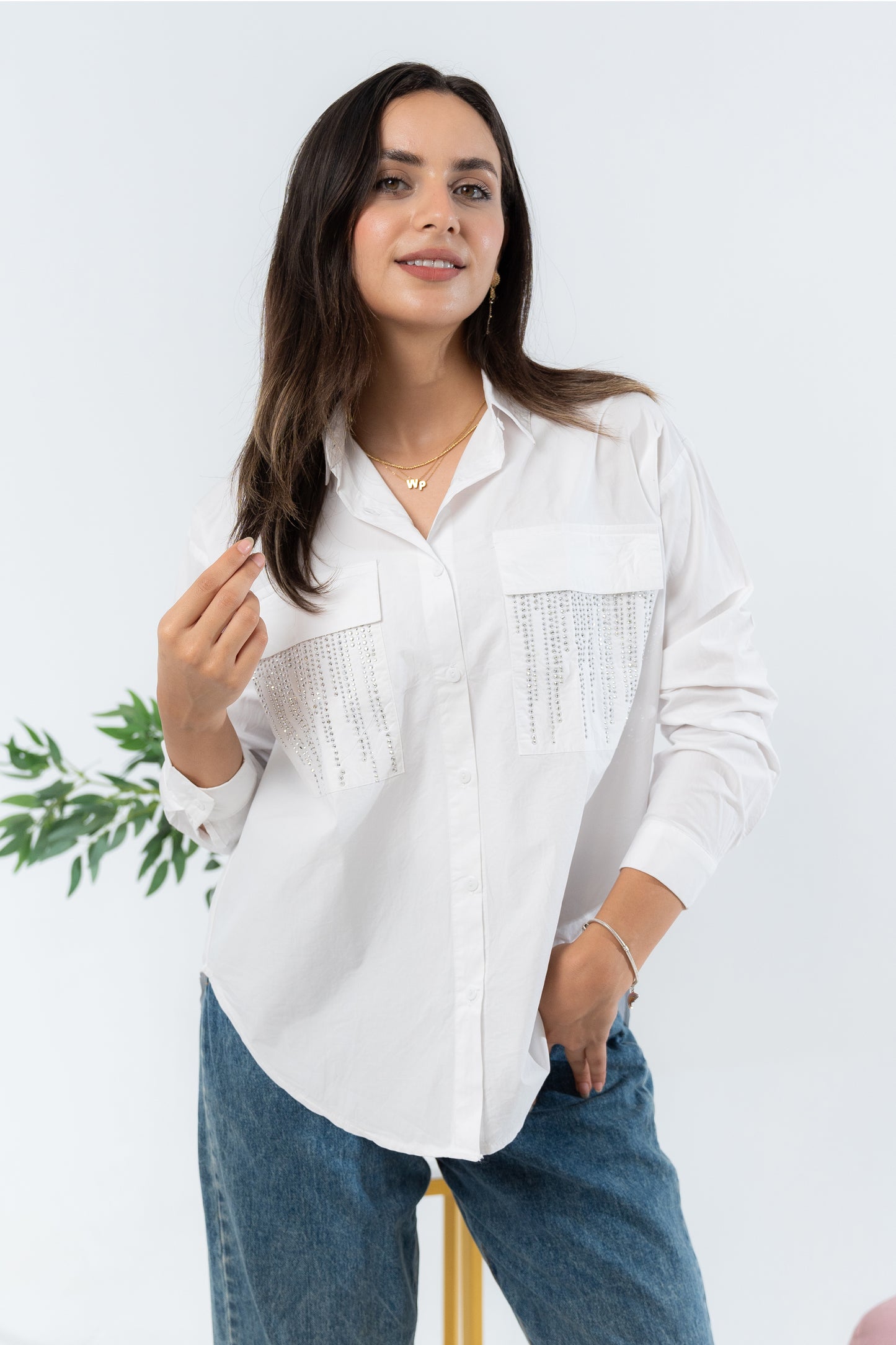 Plain Shirt - Diamond Embellished Pocket