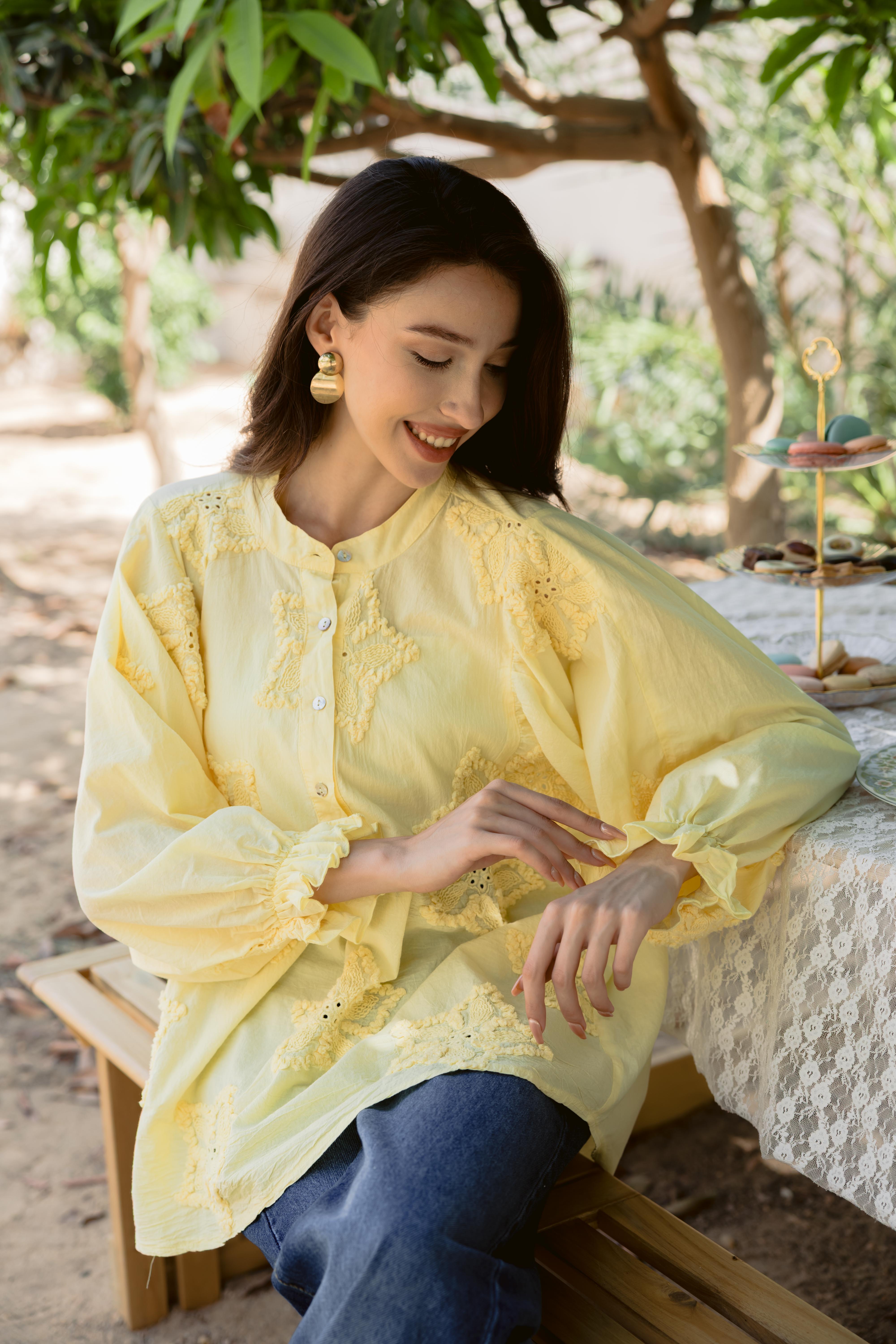 Puff-Sleeve Embroidered Blouse