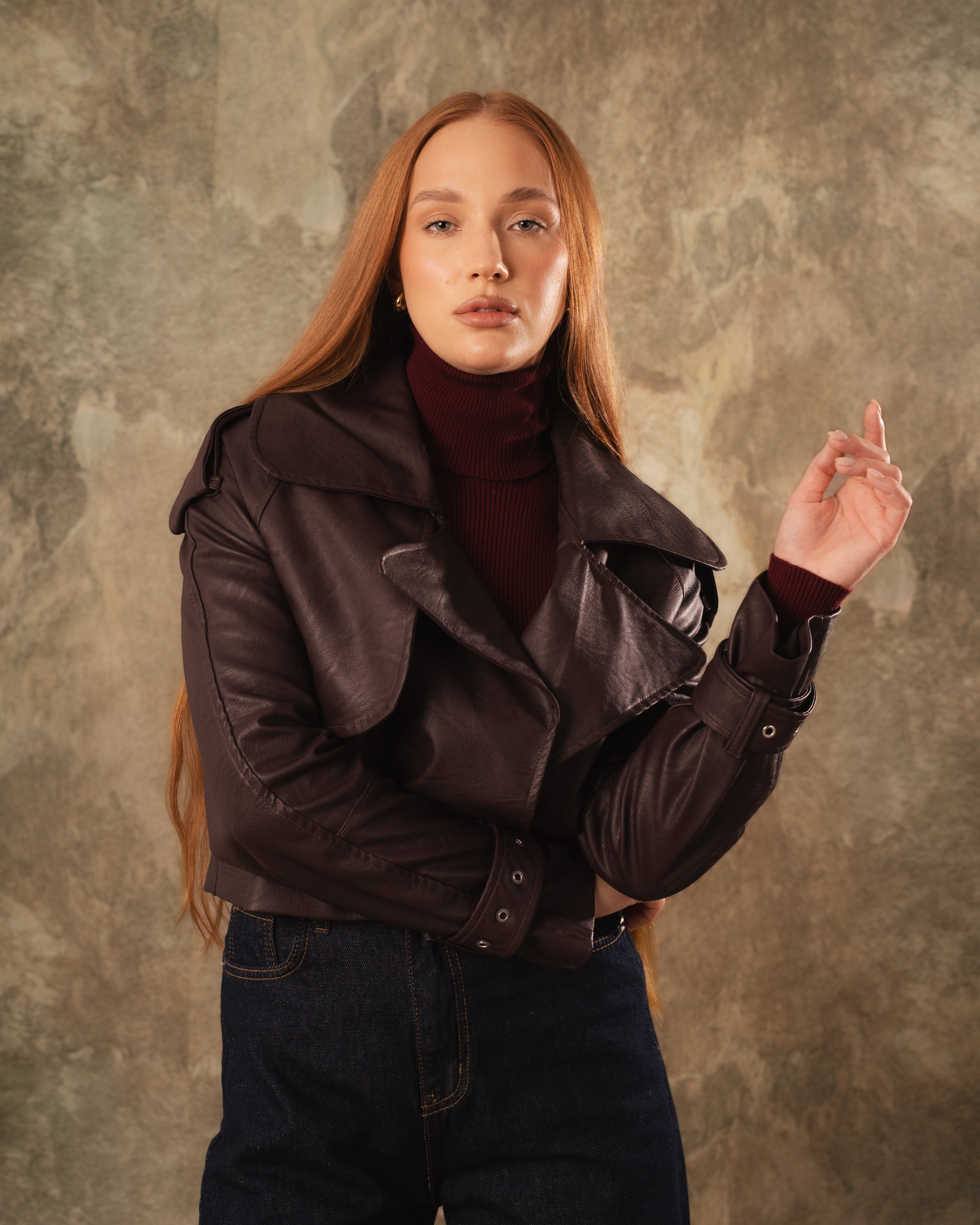 Short Leather Jacket – Side Slit Pocket (Cuffed Sleeves)