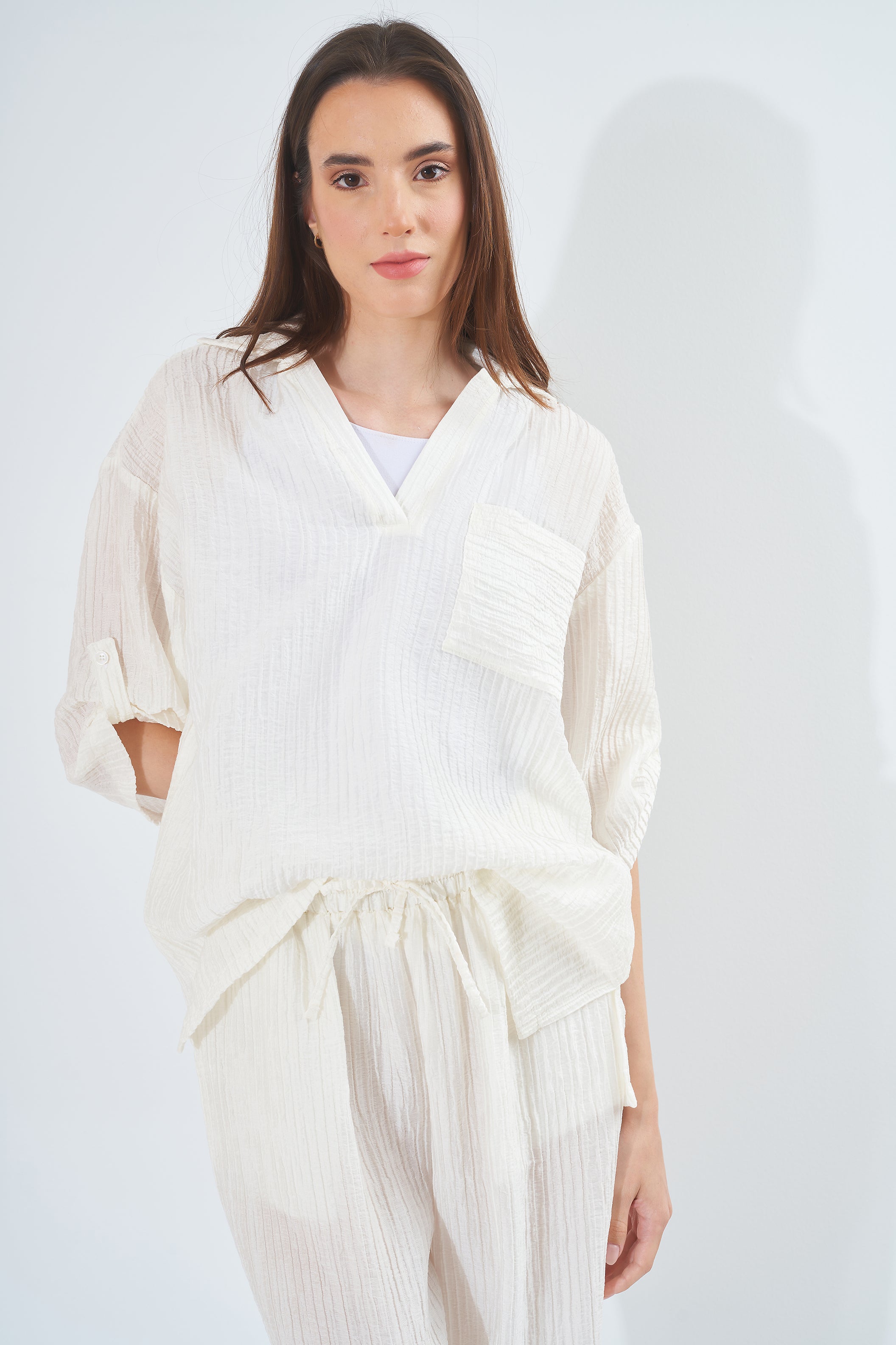 Plain Short-Sleeved - Blouse (With a pocket)