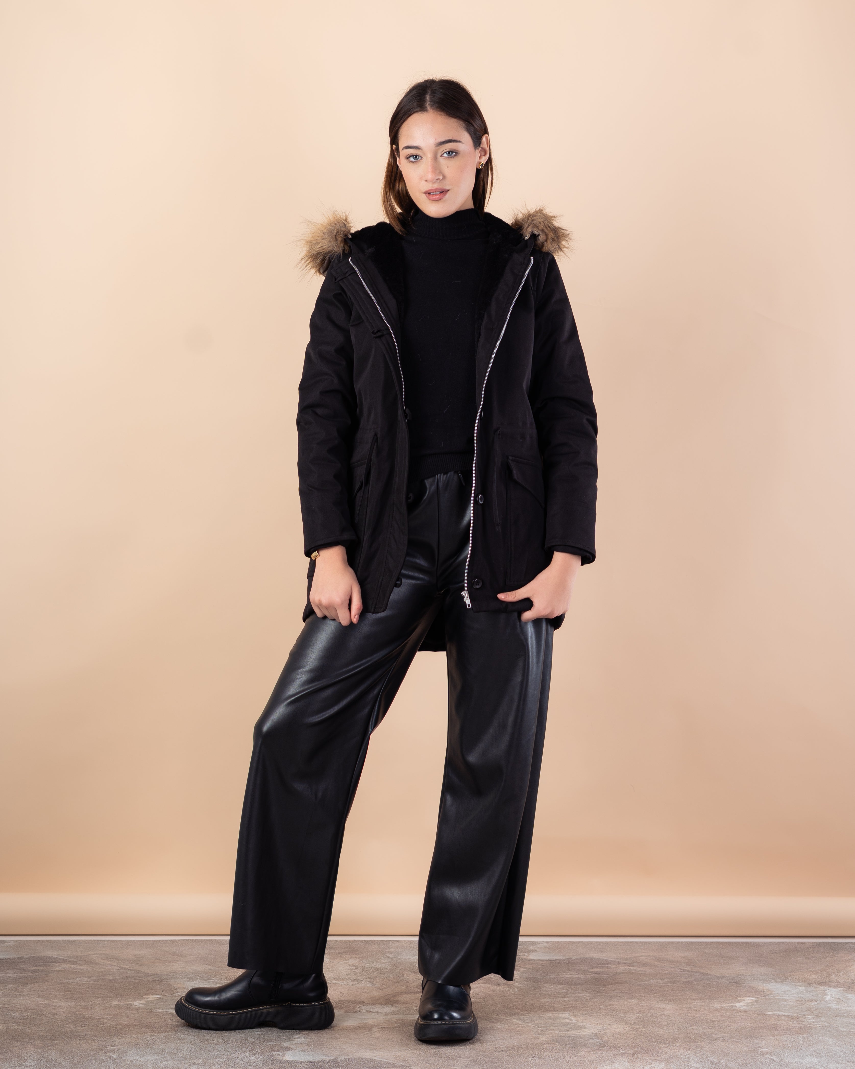 Plain Gabardine Jacket – Fur Hood