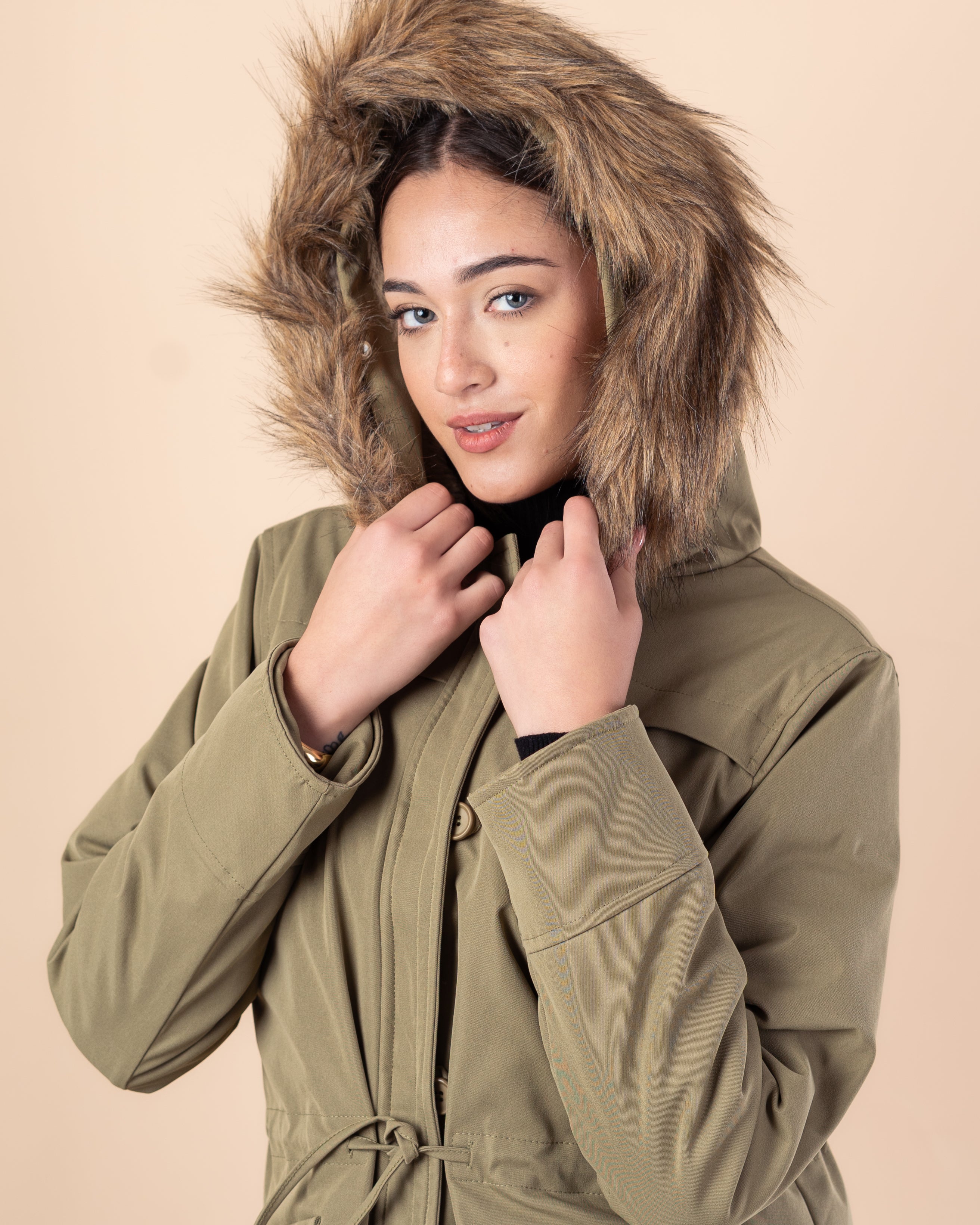 Plain Gabardine Jacket – Fur Hood