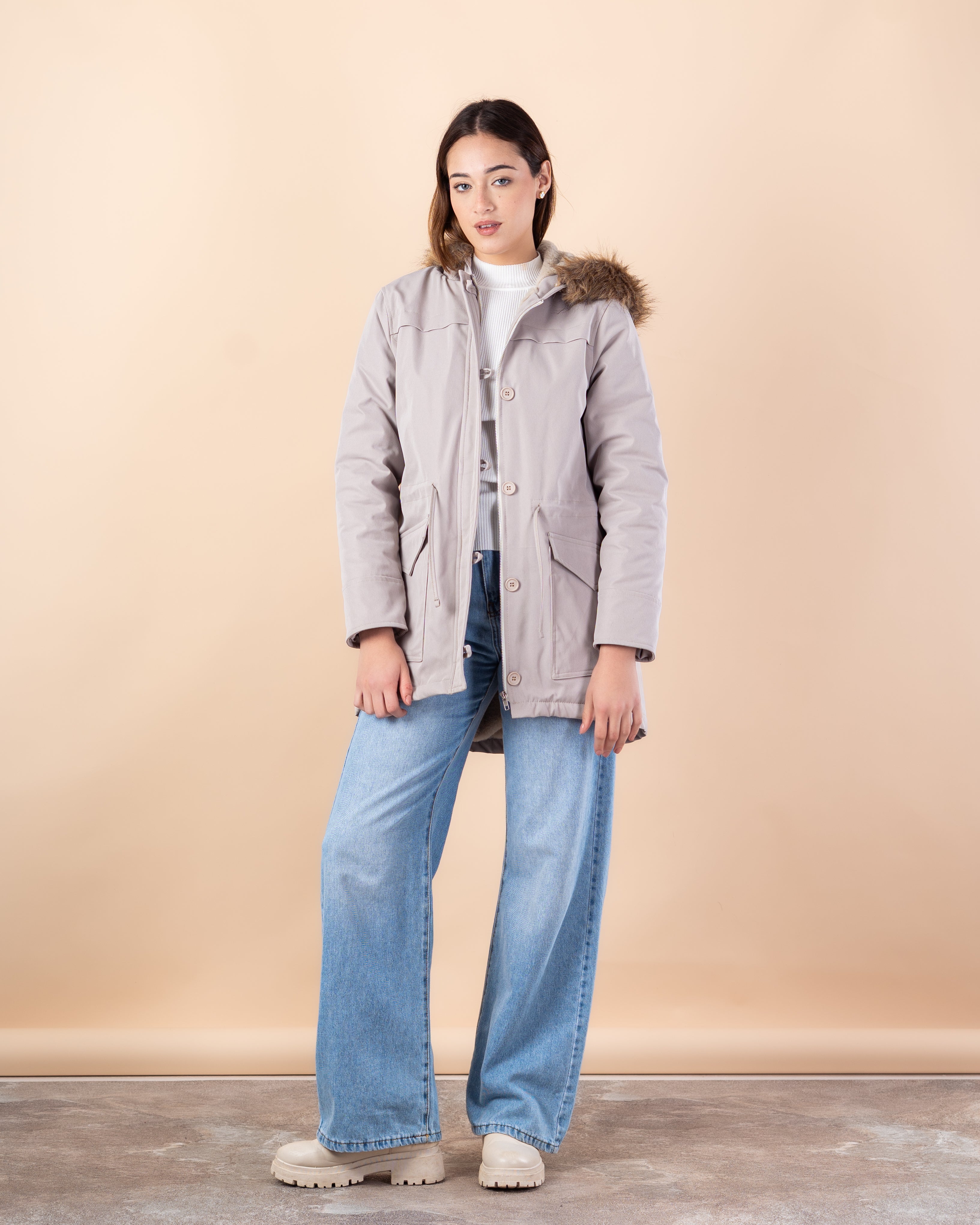 Plain Gabardine Jacket – Fur Hood