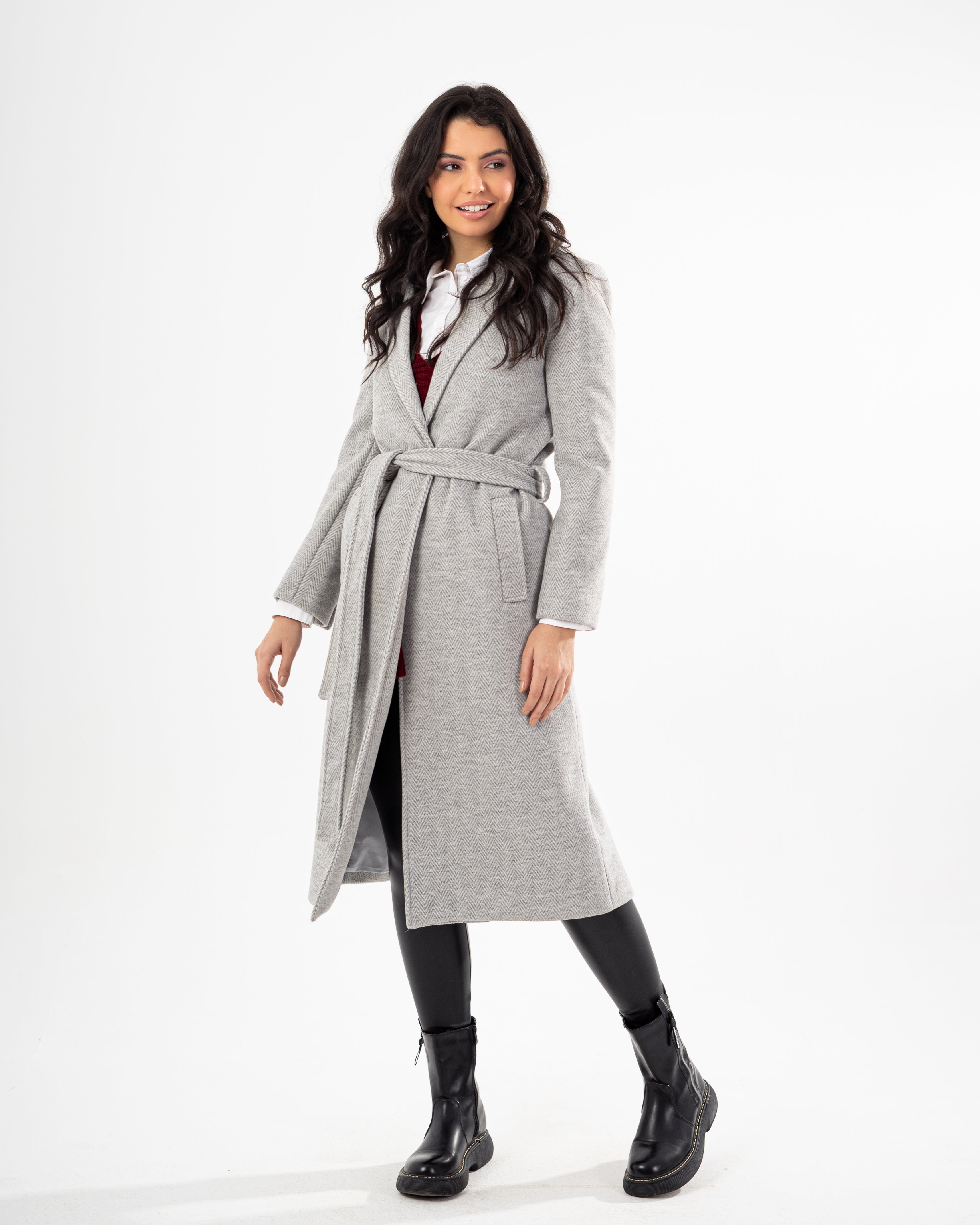 Wool Coat - Zigzag Pattern (With Belt)