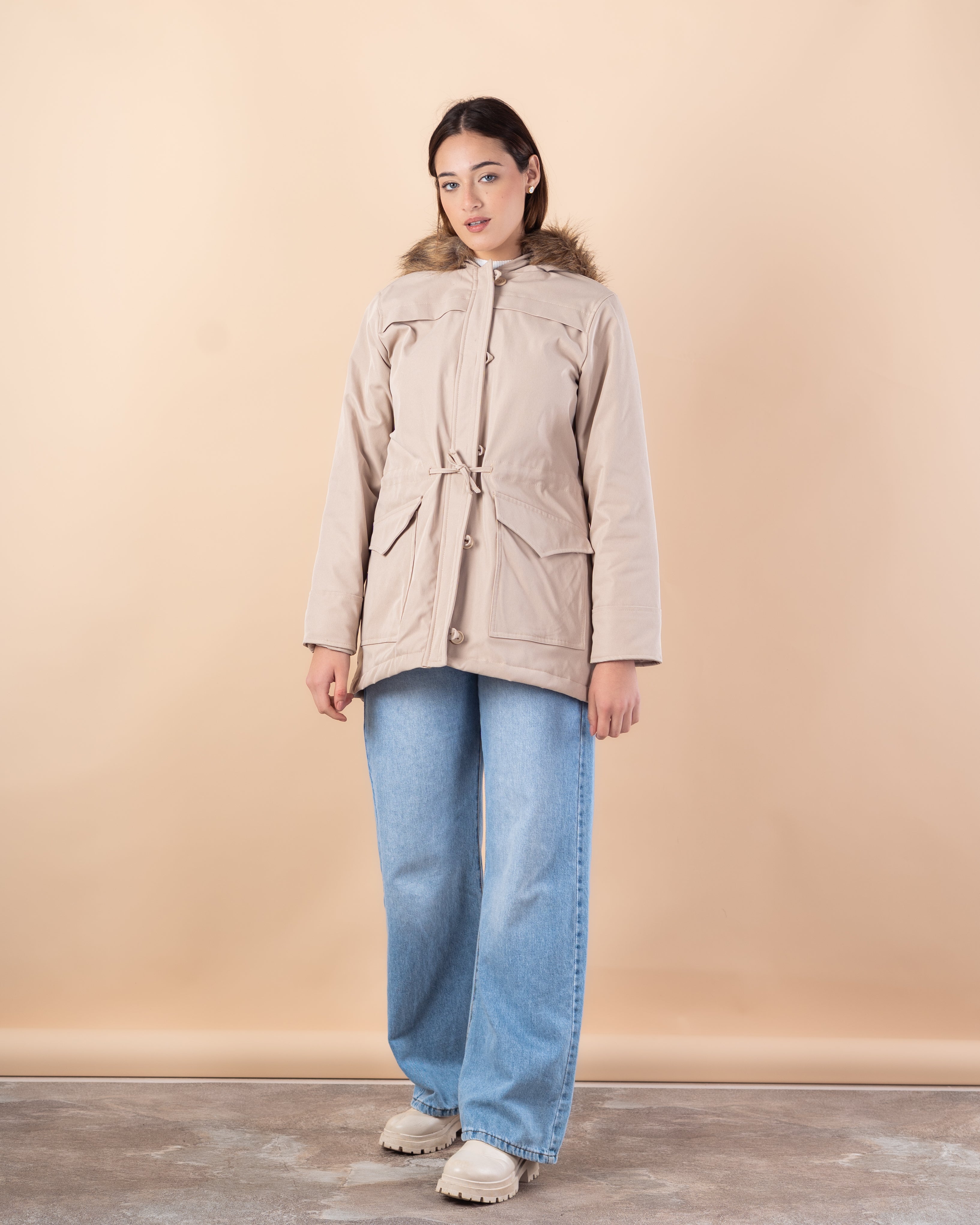 Plain Gabardine Jacket – Fur Hood