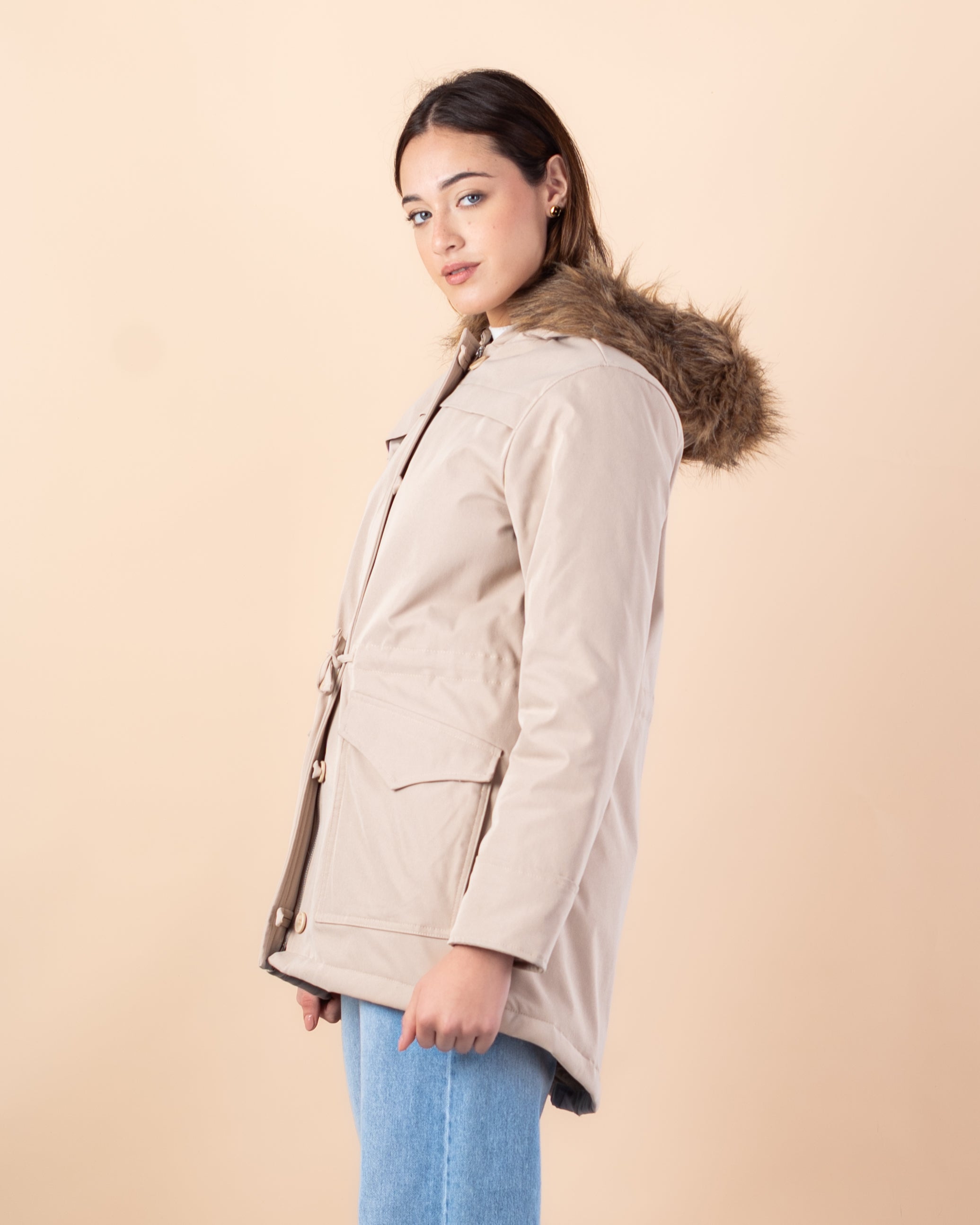 Plain Gabardine Jacket – Fur Hood