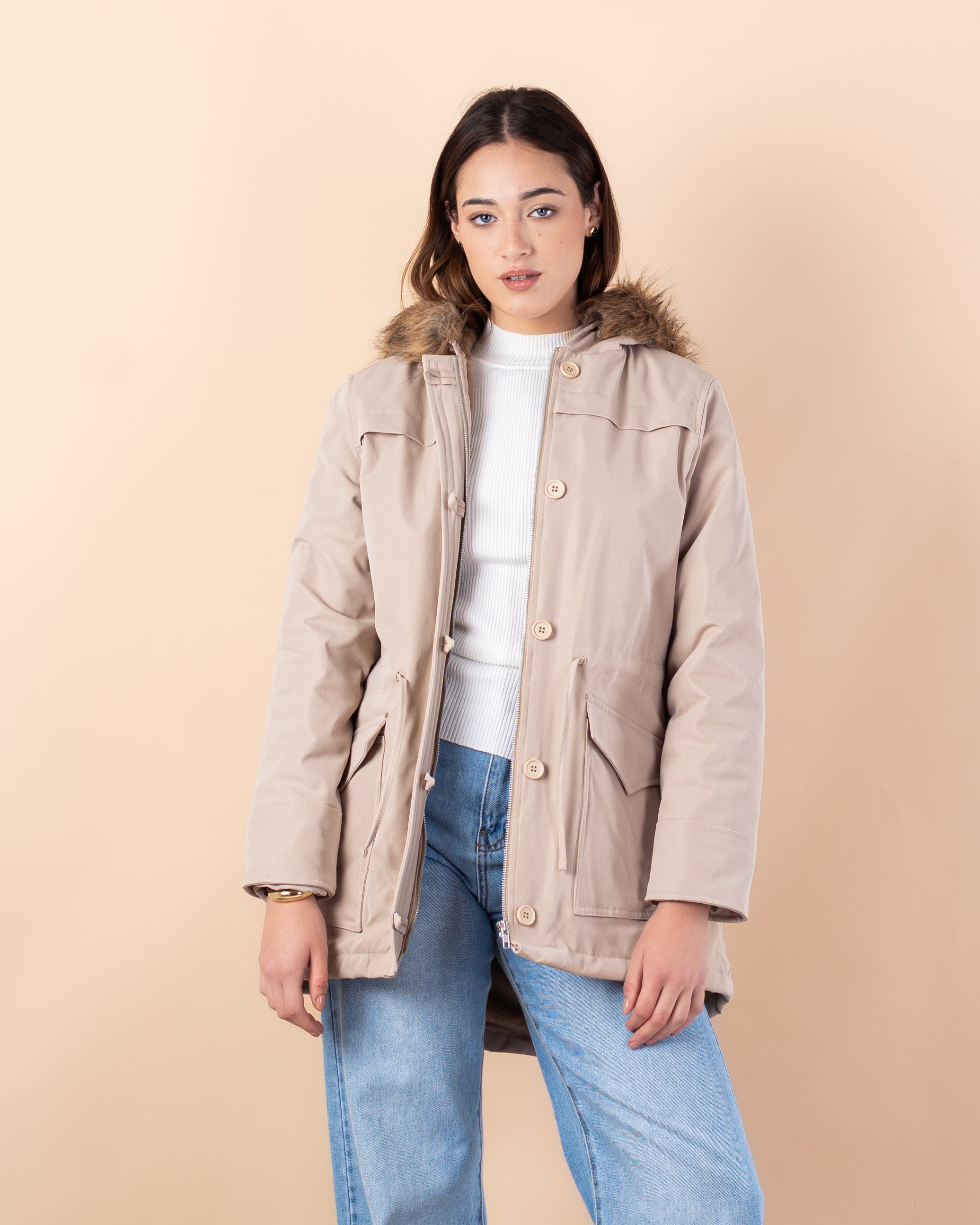 Plain Gabardine Jacket – Fur Hood