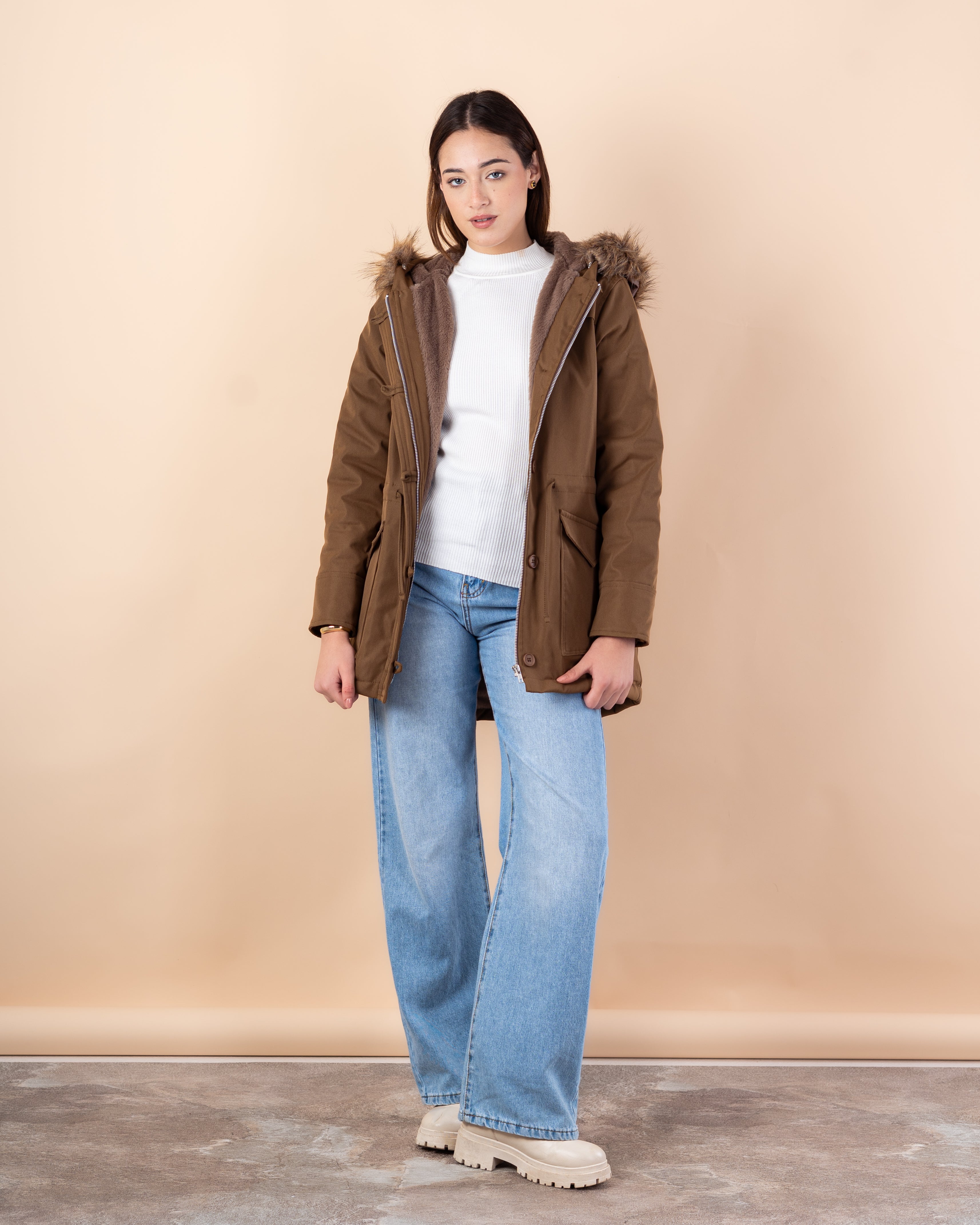 Plain Gabardine Jacket – Fur Hood