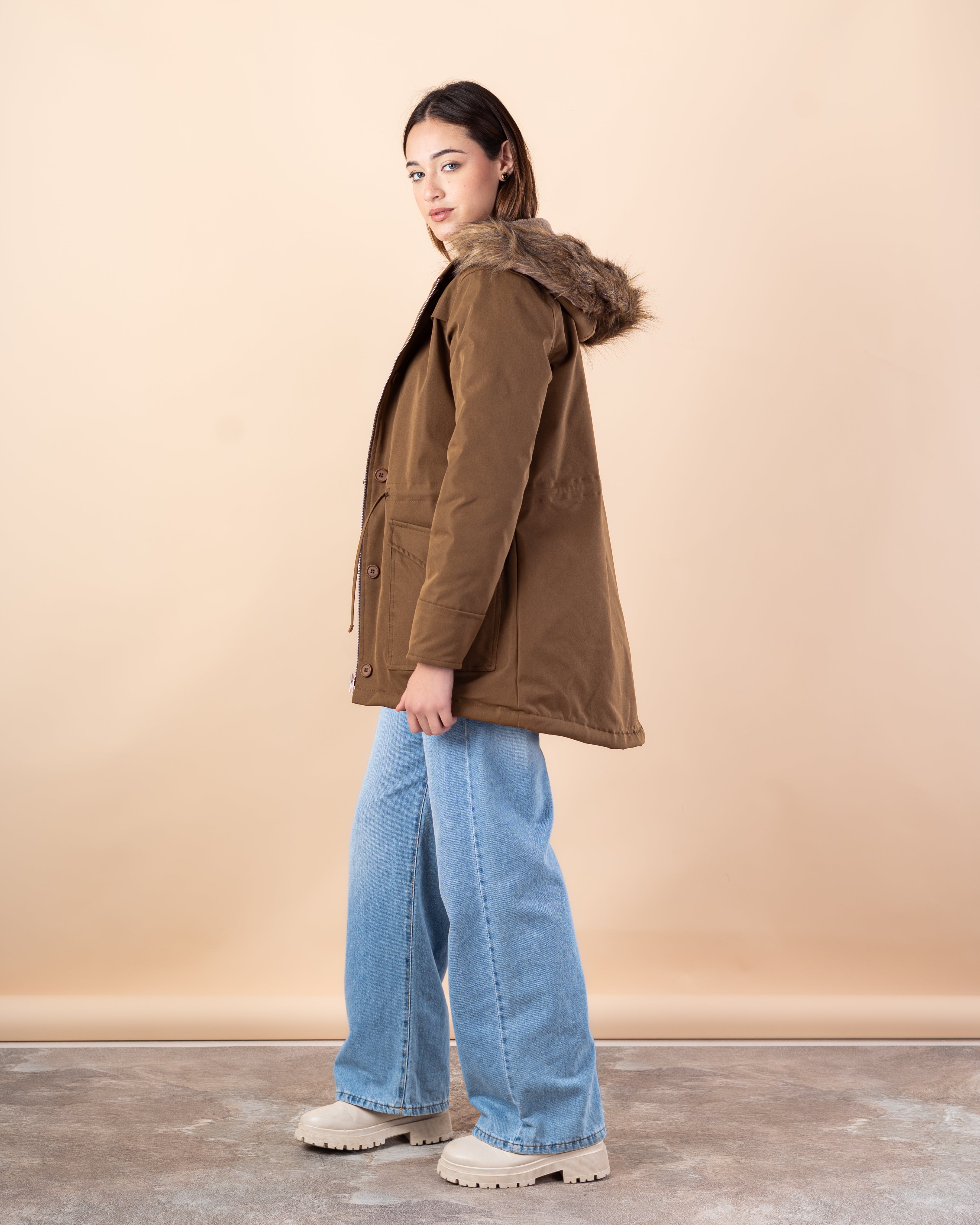 Plain Gabardine Jacket – Fur Hood