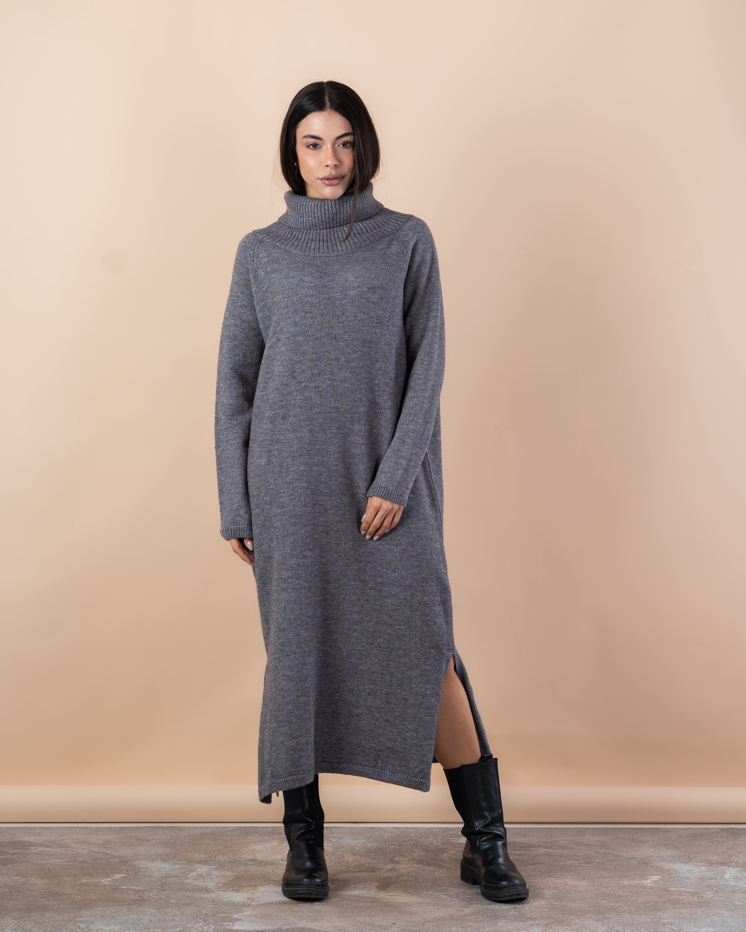 Long Knitwear Dress – High Neck (Plain)