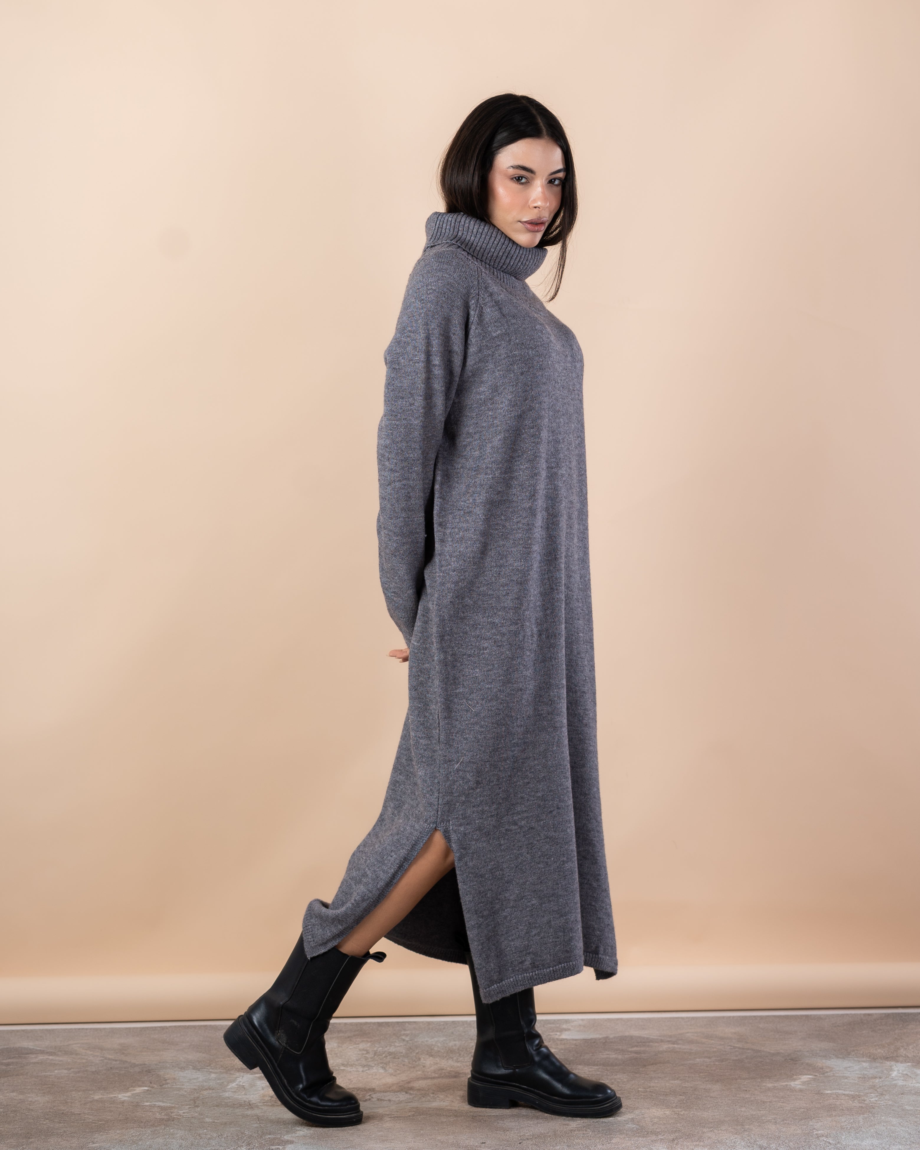 Long Knitwear Dress – High Neck (Plain)