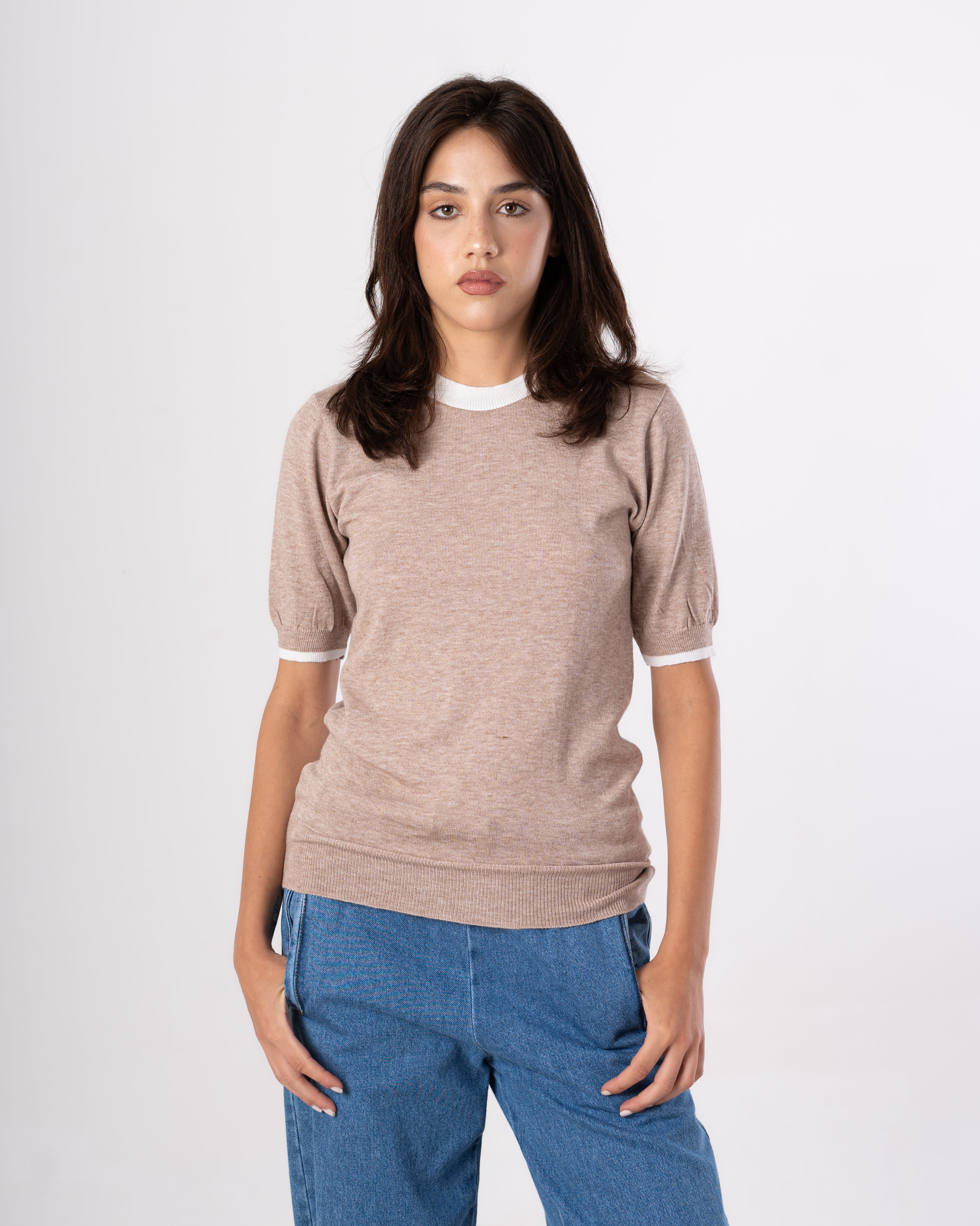 Plain Knitwear Bodysuit – Colored Stripe On Neckline
