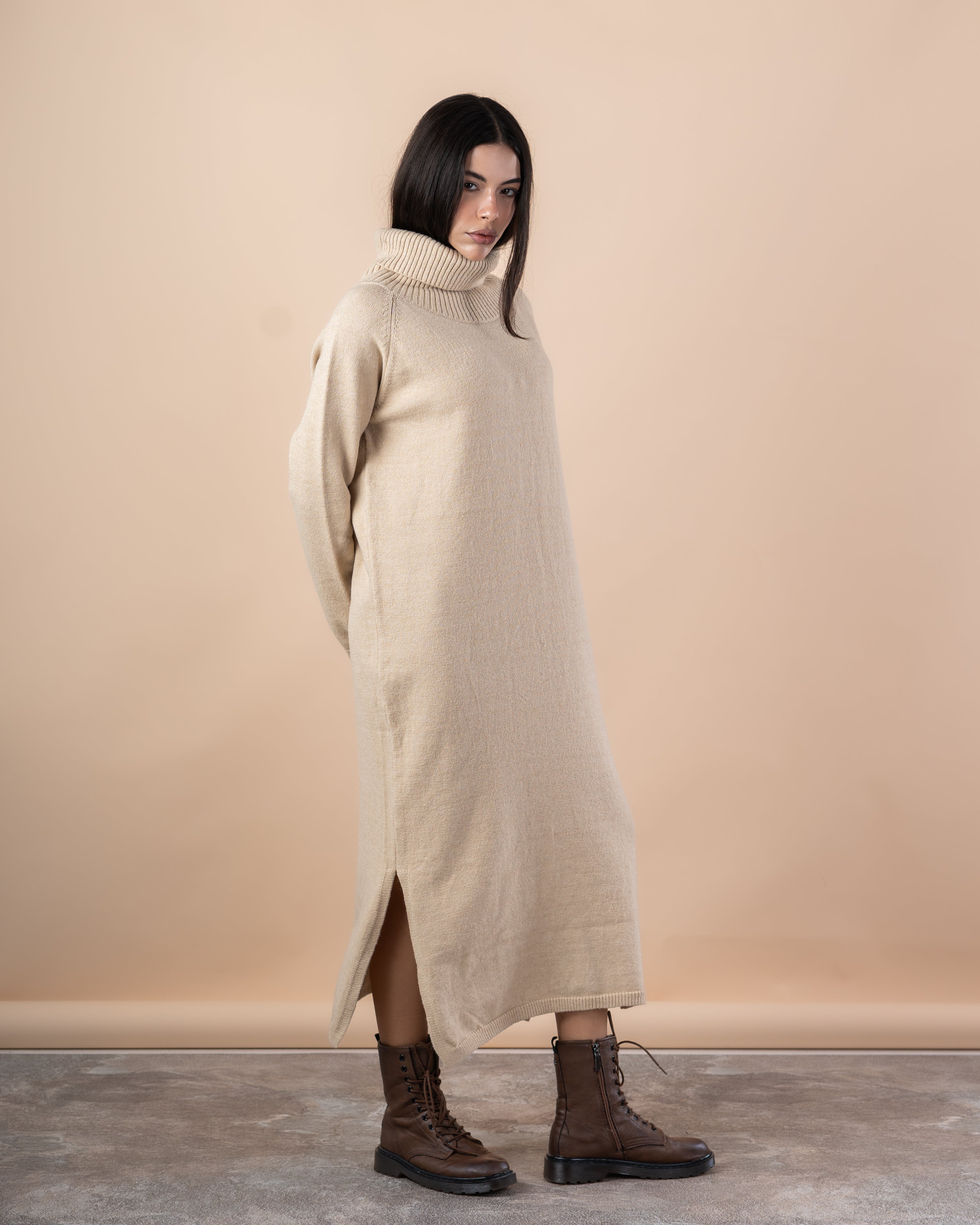 Long Knitwear Dress – High Neck (Plain)