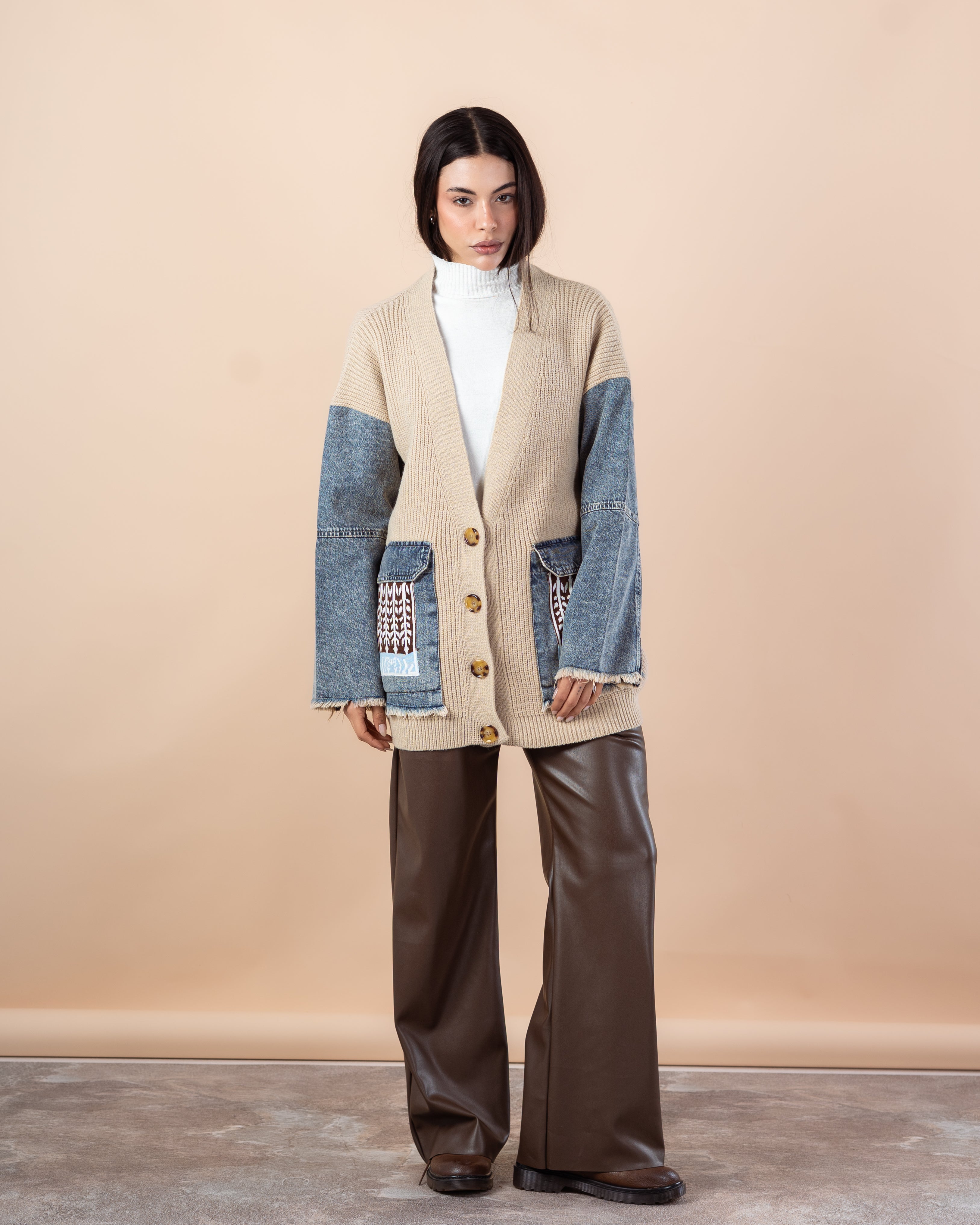 Knitwear Cardigan – (Denim Sleeves, Denim Pocket)