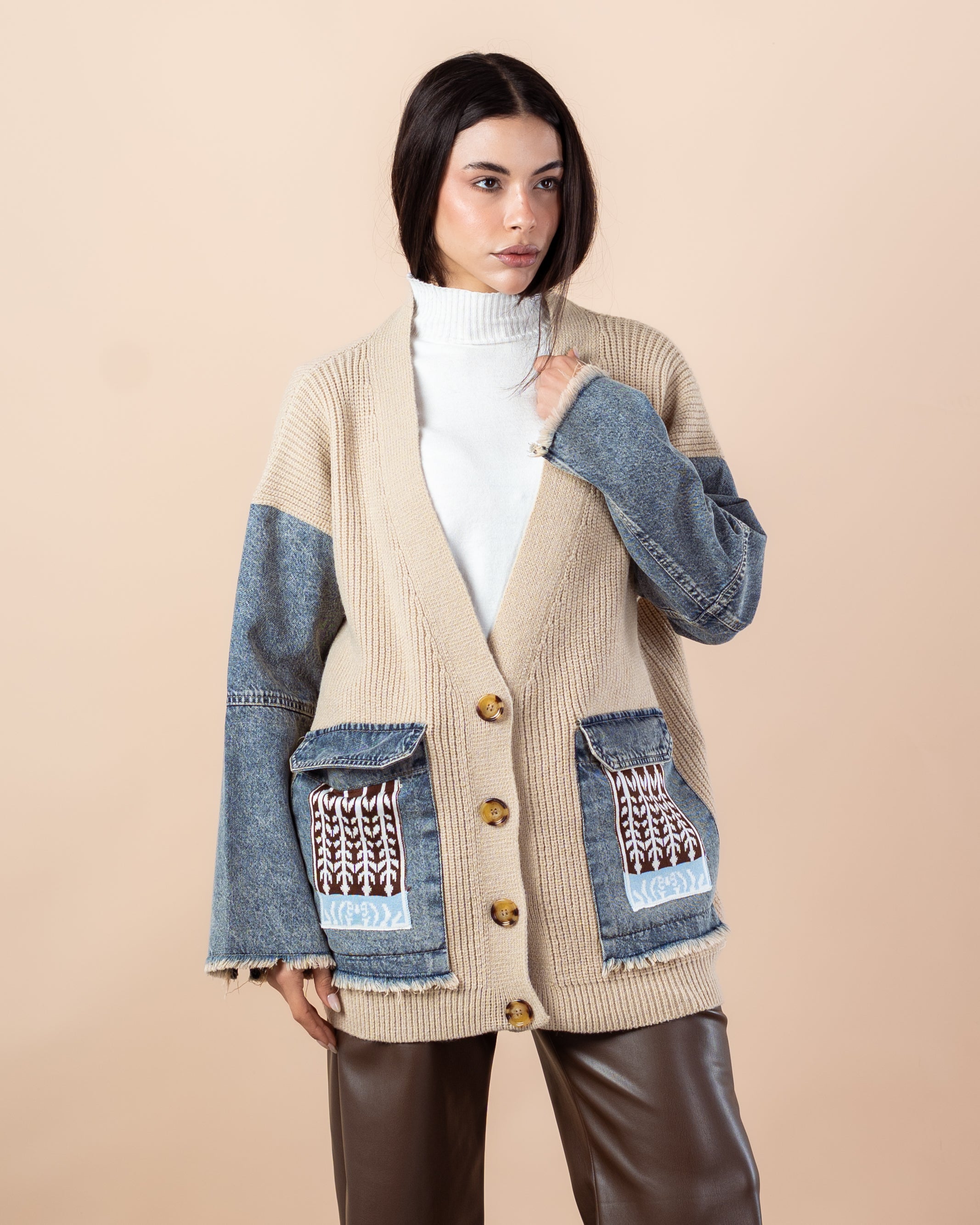 Knitwear Cardigan – (Denim Sleeves, Denim Pocket)
