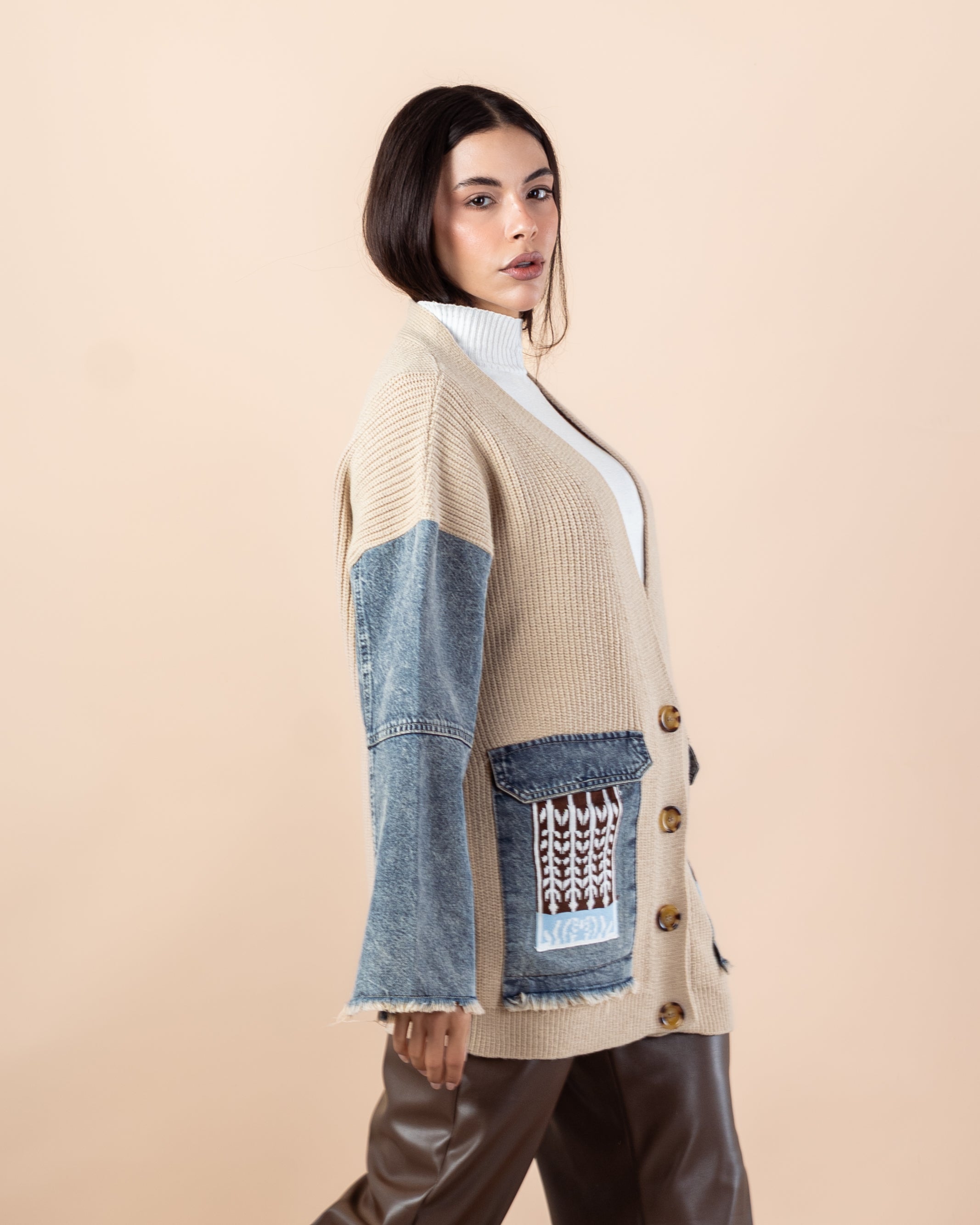 Knitwear Cardigan – (Denim Sleeves, Denim Pocket)