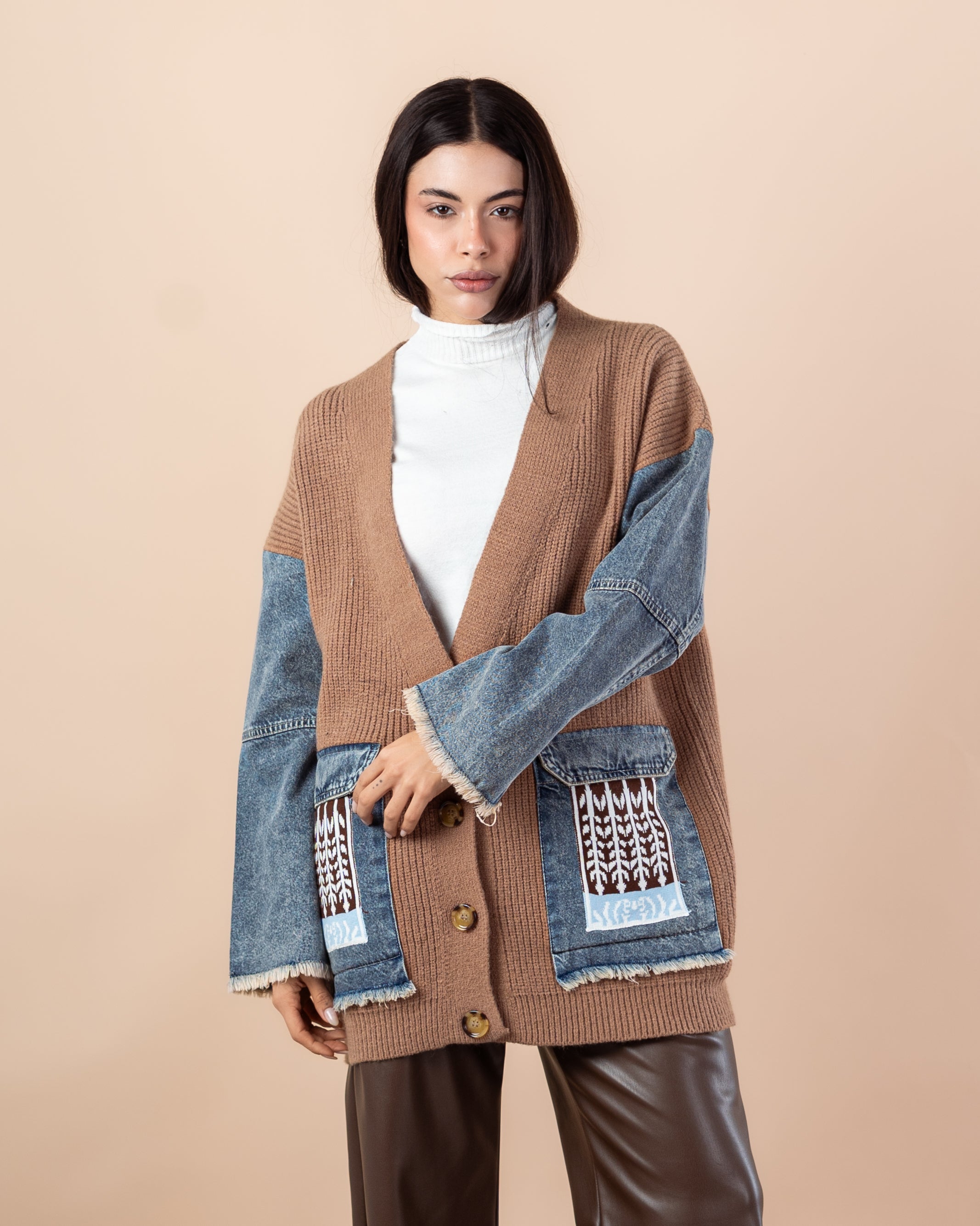 Knitwear Cardigan – (Denim Sleeves, Denim Pocket)