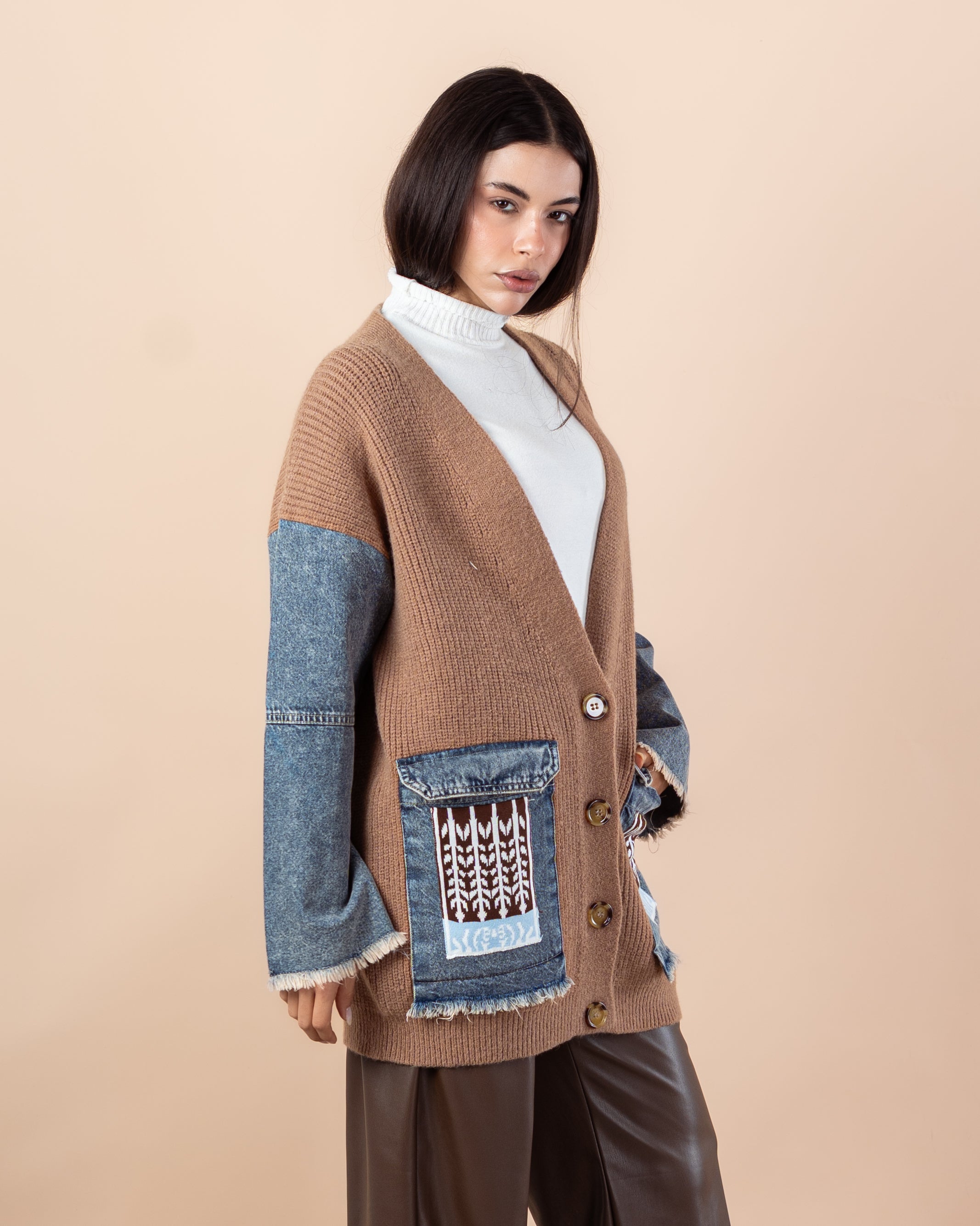 Knitwear Cardigan – (Denim Sleeves, Denim Pocket)