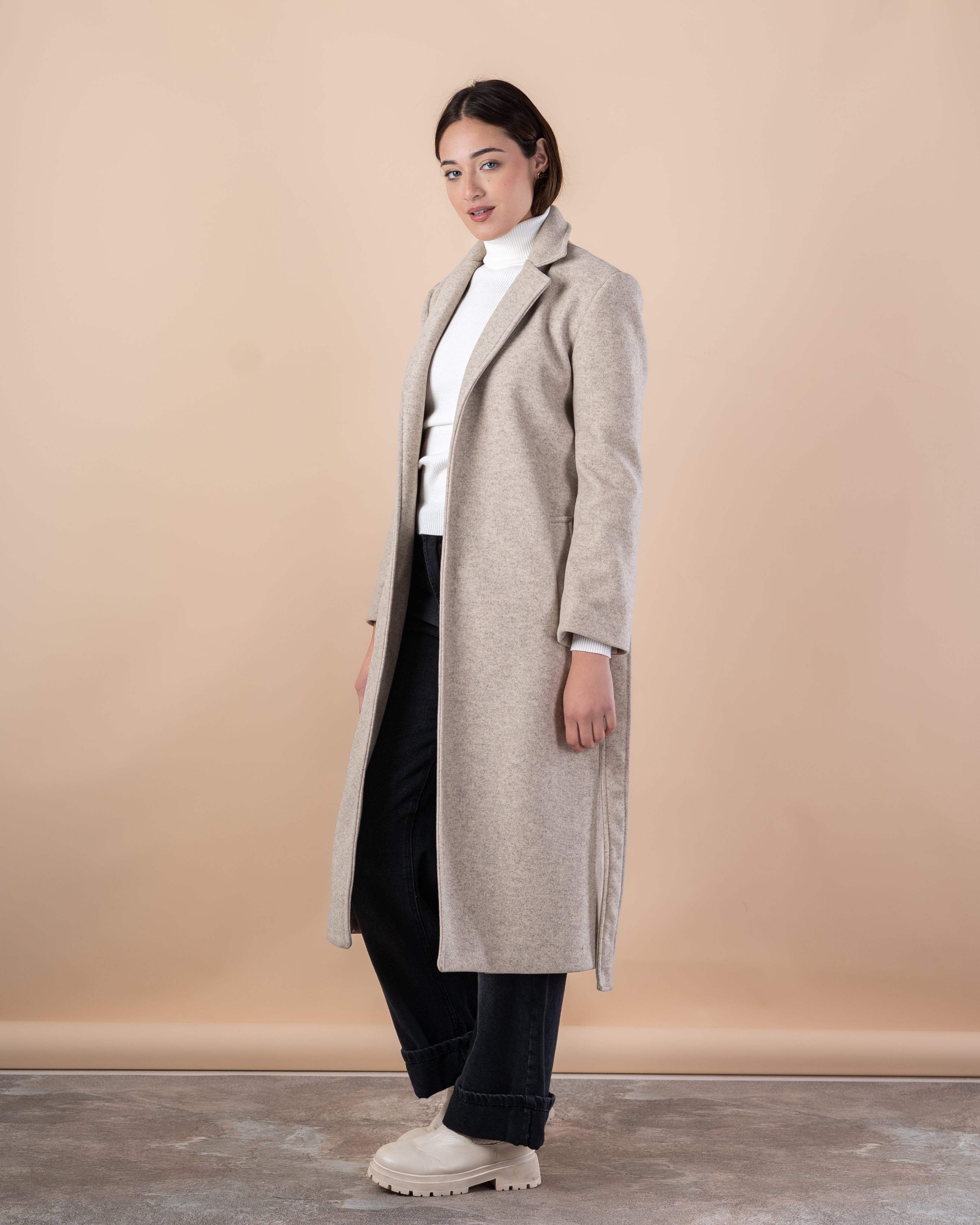 Wool Trench Coat – Long With Belt (Small Collar, 2 Pockets)