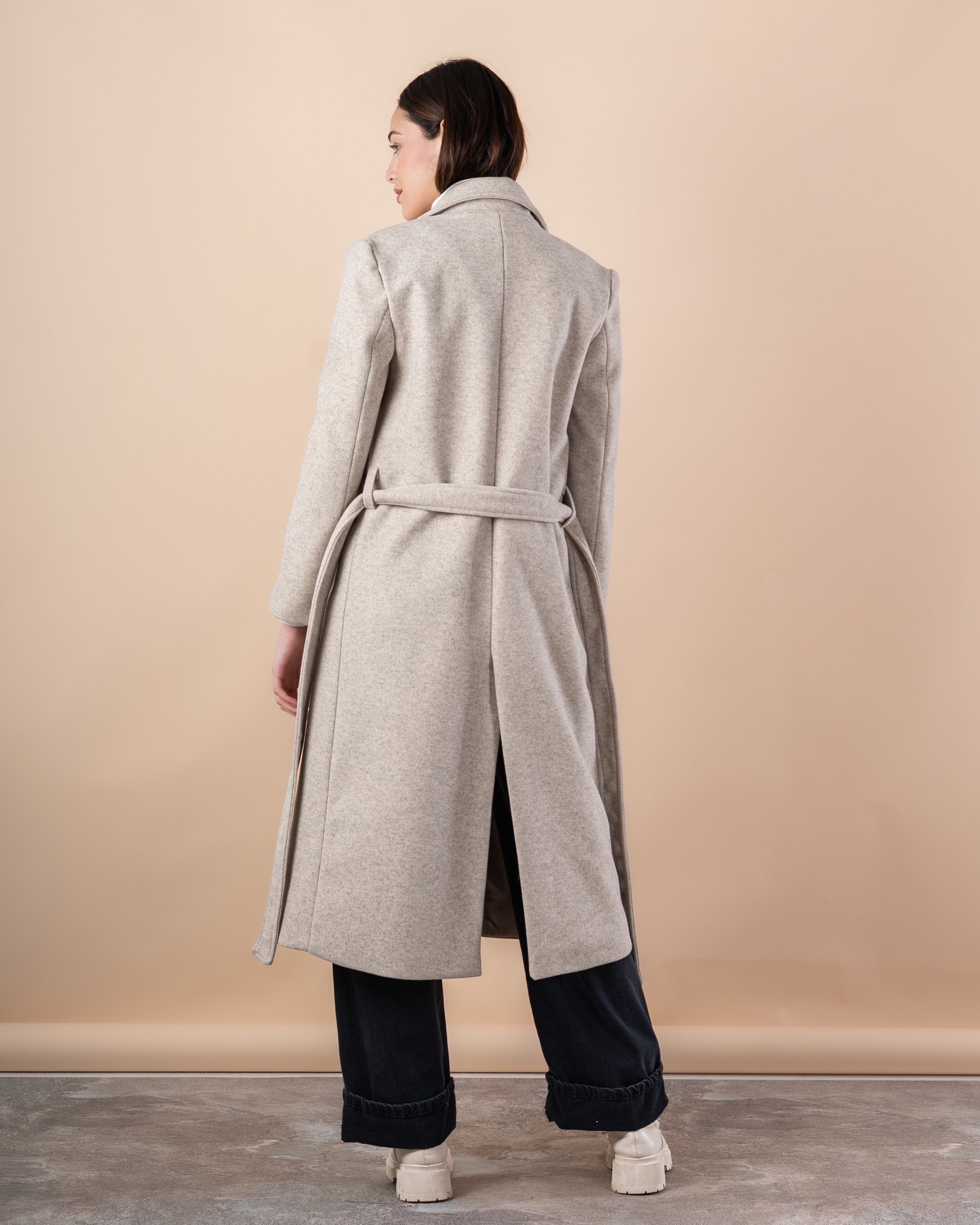 Wool Trench Coat – Long With Belt (Small Collar, 2 Pockets)