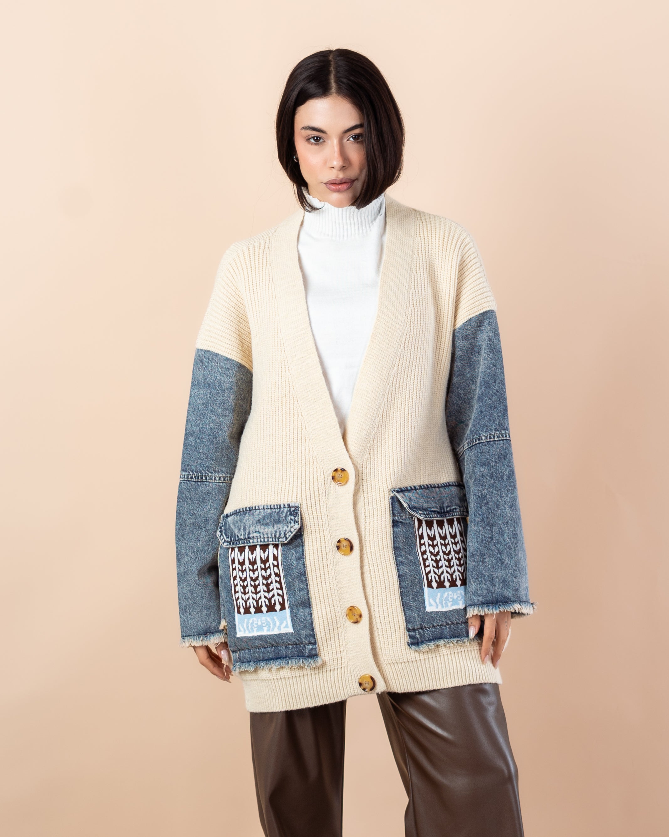 Knitwear Cardigan – (Denim Sleeves, Denim Pocket)