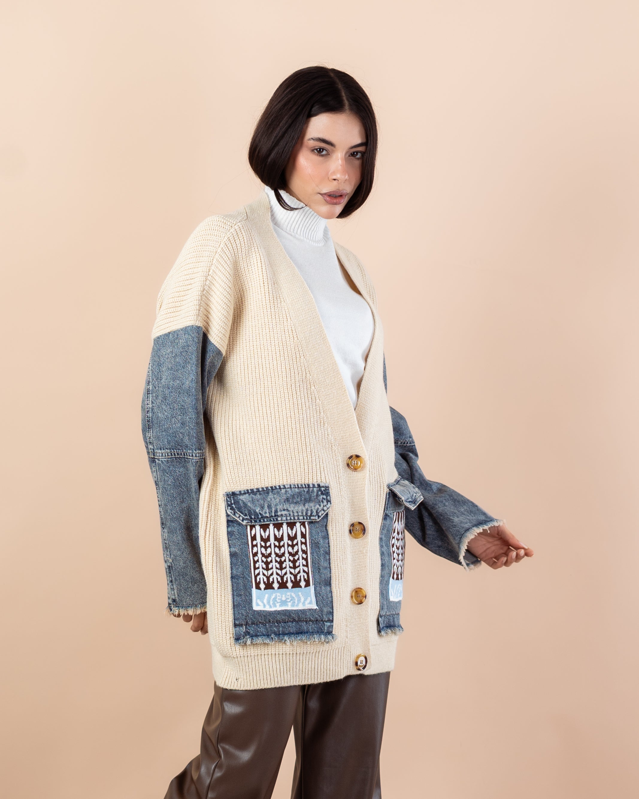 Knitwear Cardigan – (Denim Sleeves, Denim Pocket)