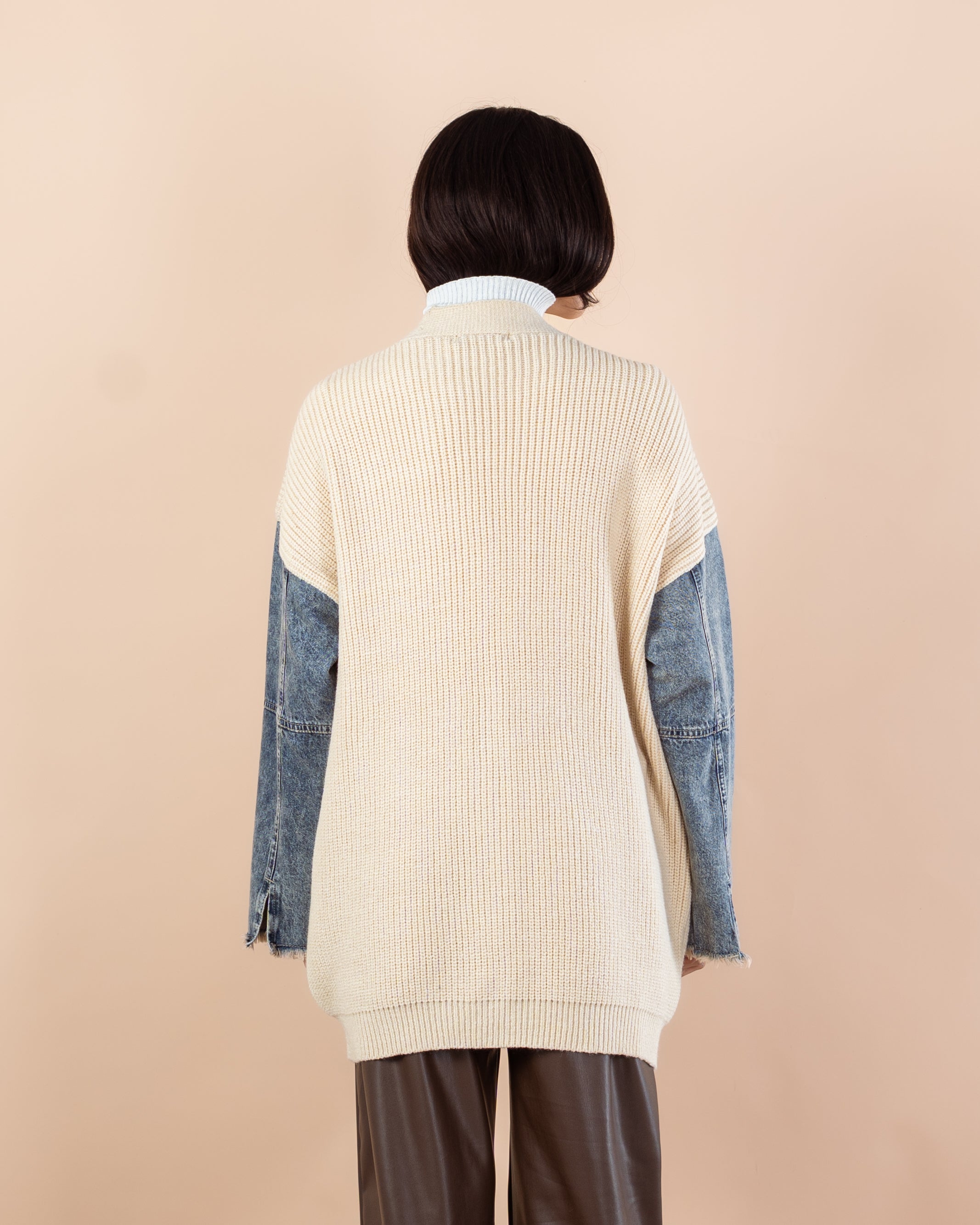Knitwear Cardigan – (Denim Sleeves, Denim Pocket)