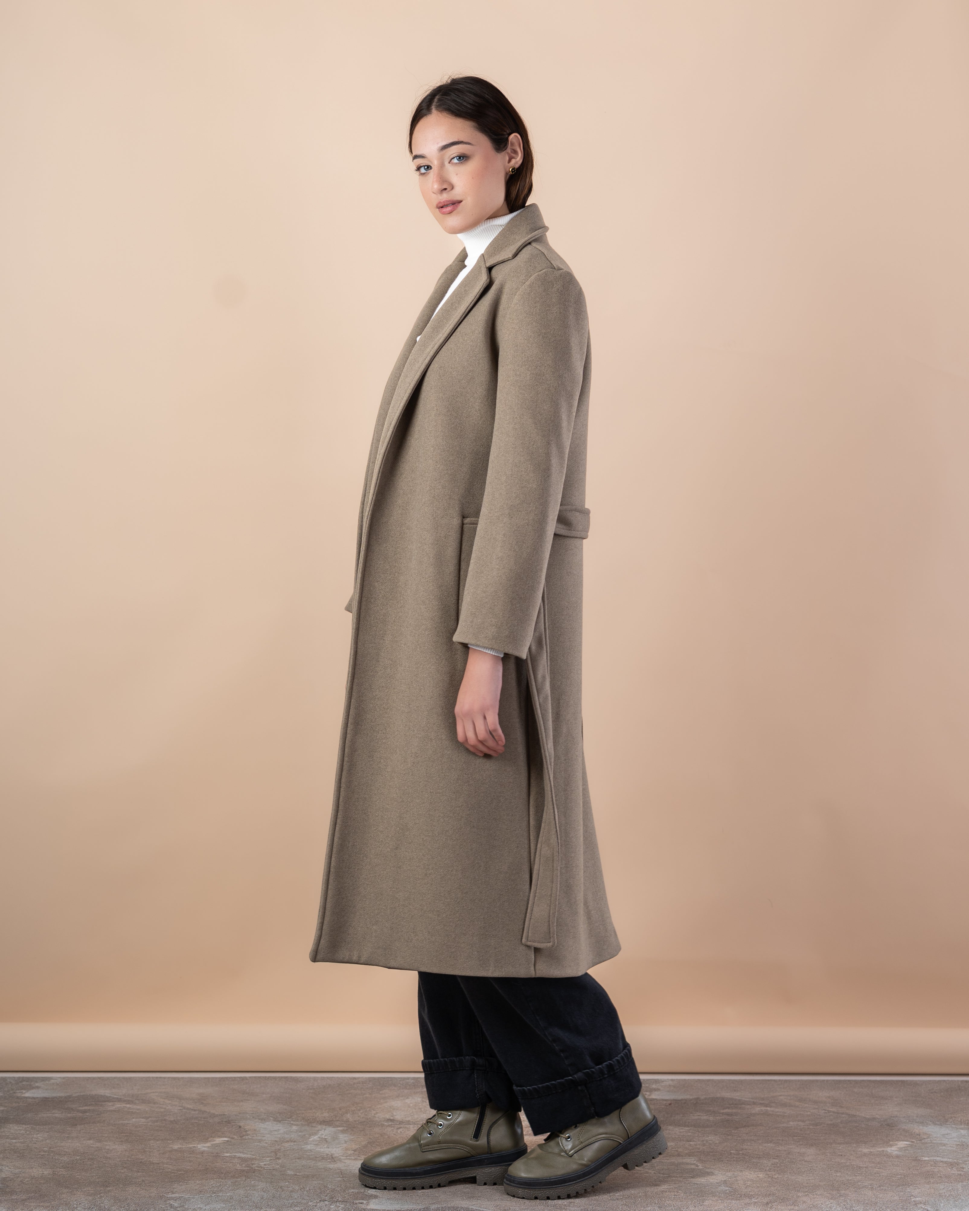 Wool Trench Coat – Long With Belt (Small Collar, 2 Pockets)