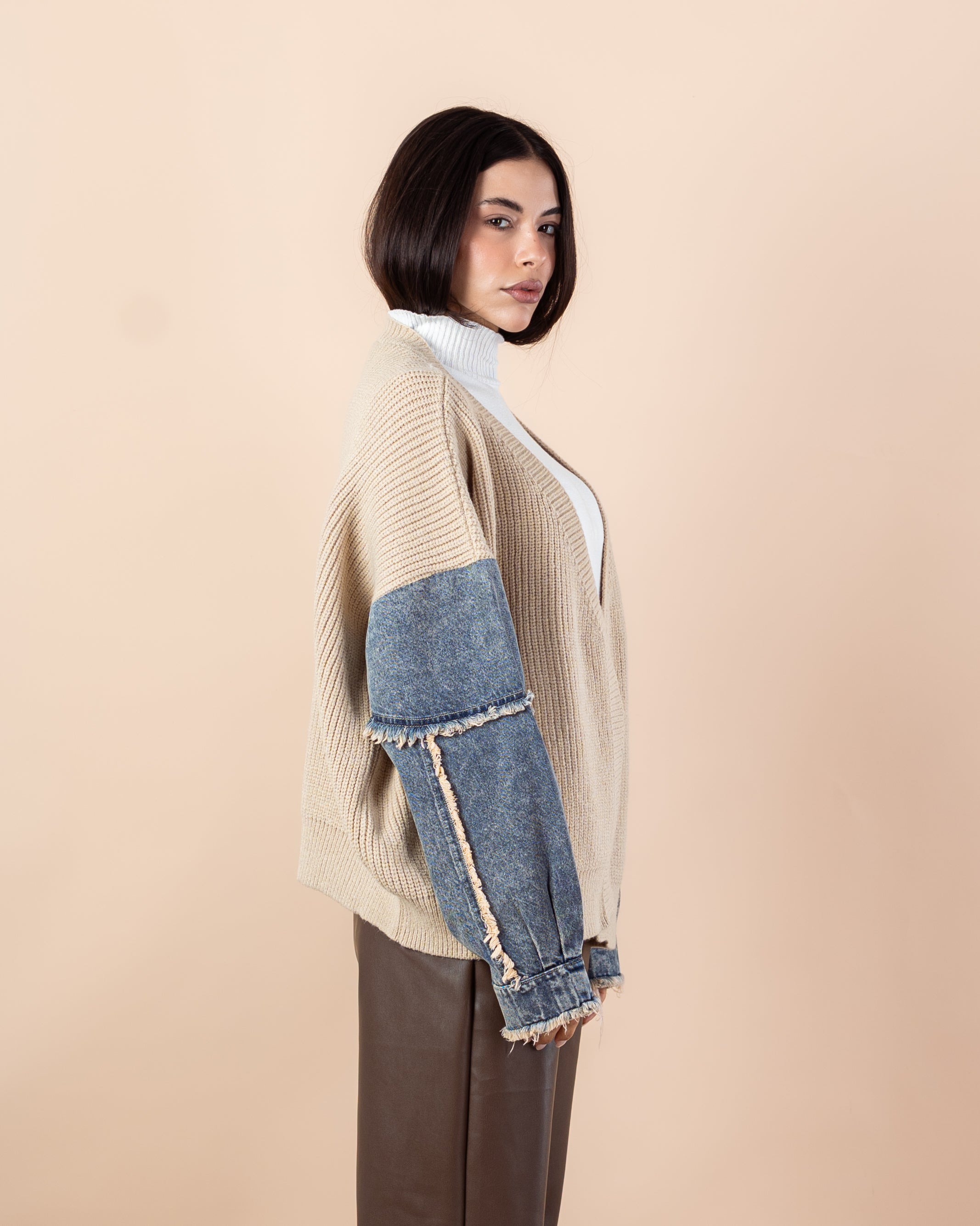 Knitwear Cardigan – (Denim Sleeves, No Pockets)
