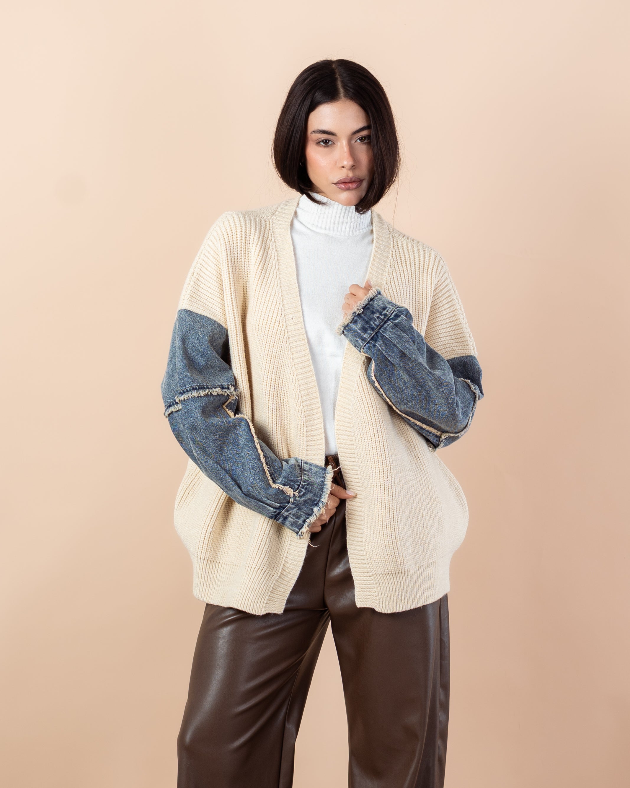 Knitwear Cardigan – (Denim Sleeves, No Pockets)