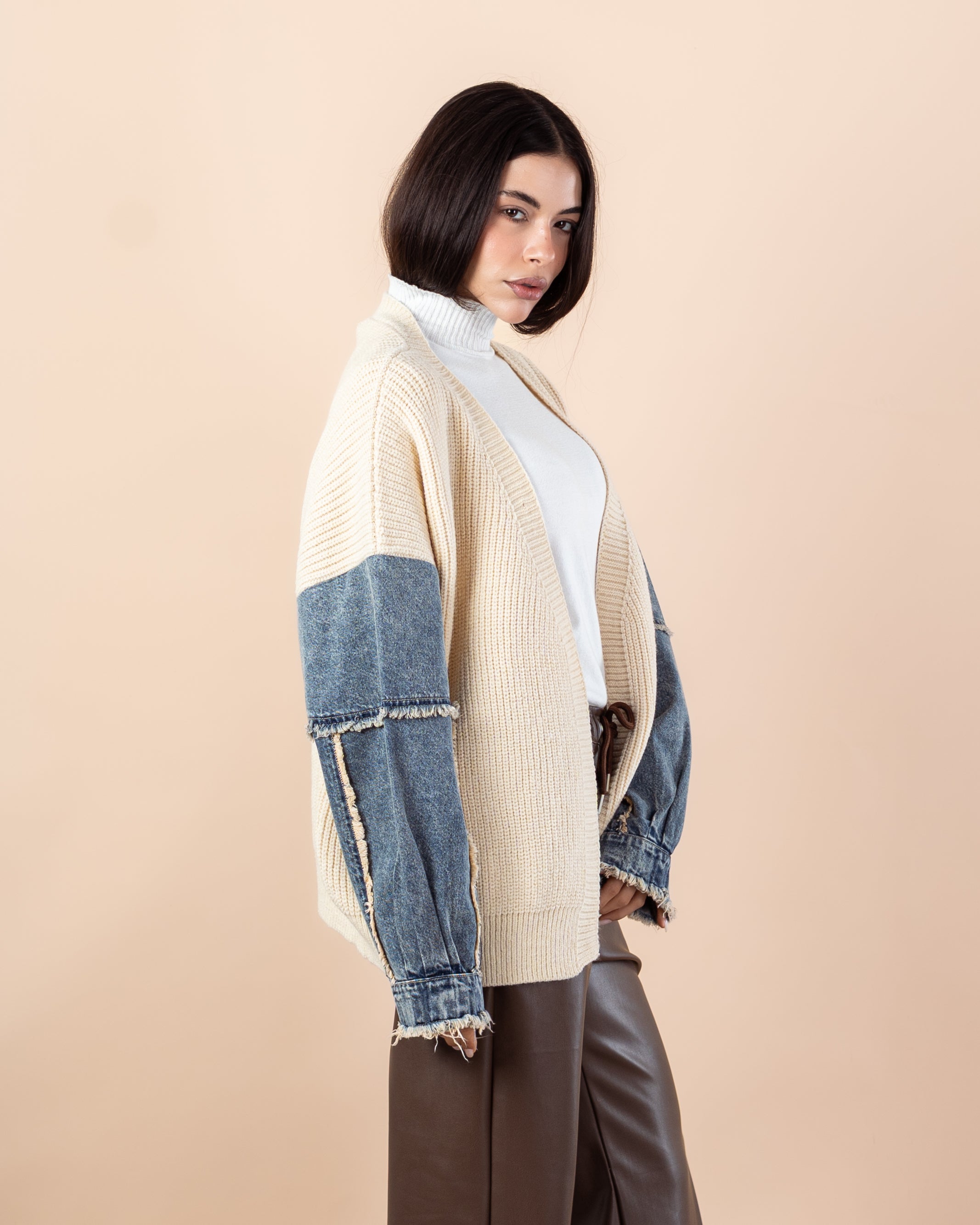 Knitwear Cardigan – (Denim Sleeves, No Pockets)