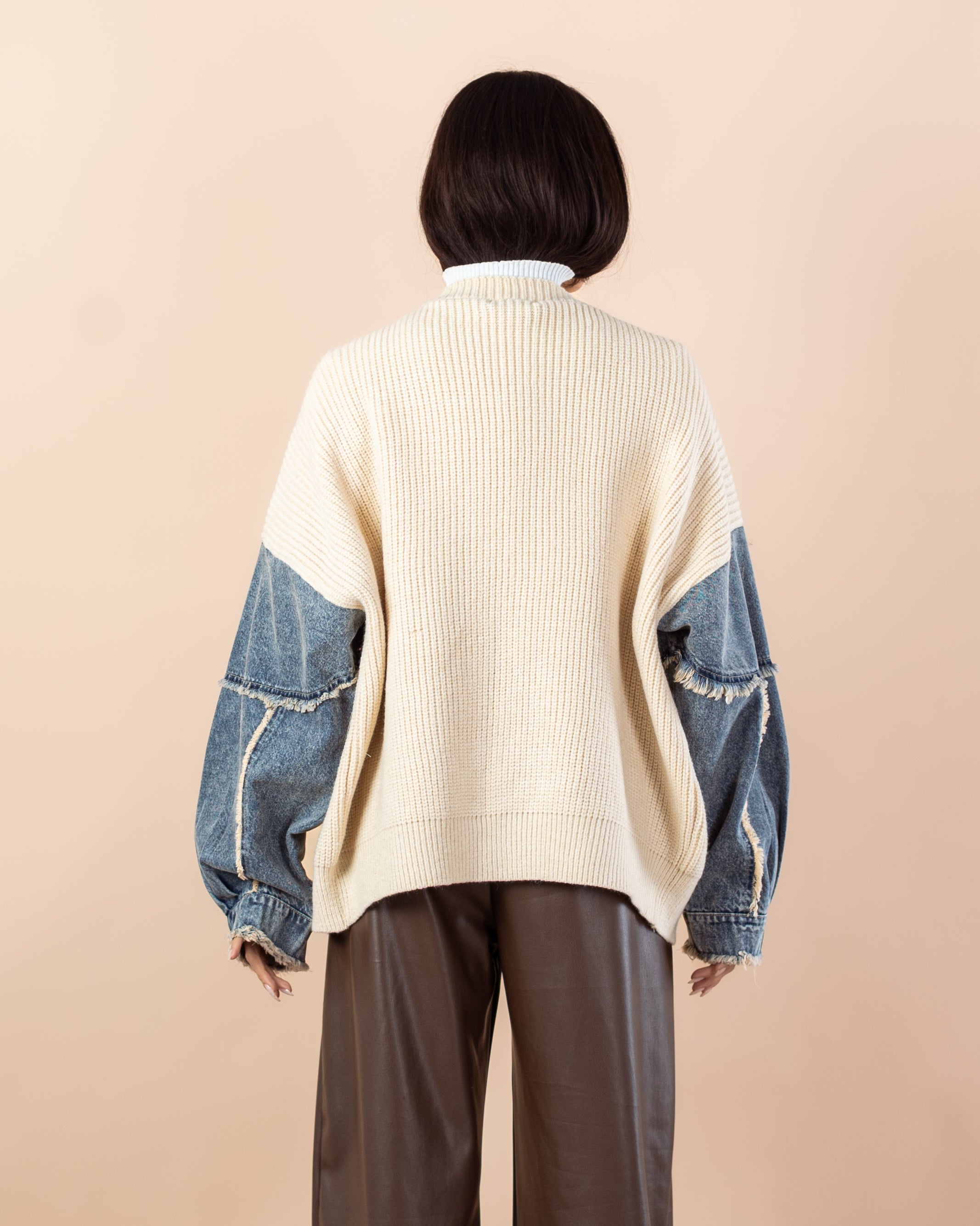 Knitwear Cardigan – (Denim Sleeves, No Pockets)