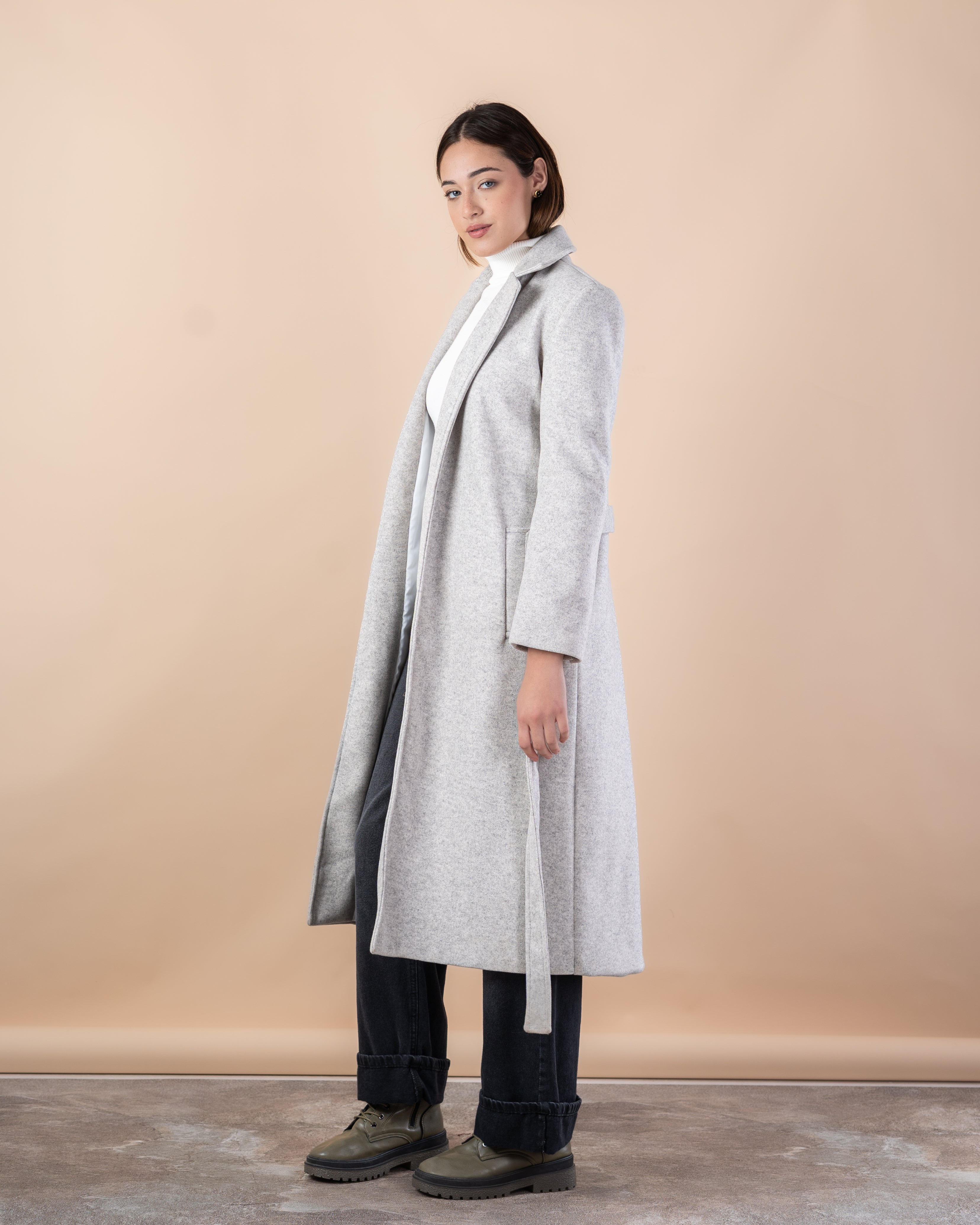 Wool Trench Coat – Long With Belt (Small Collar, 2 Pockets)
