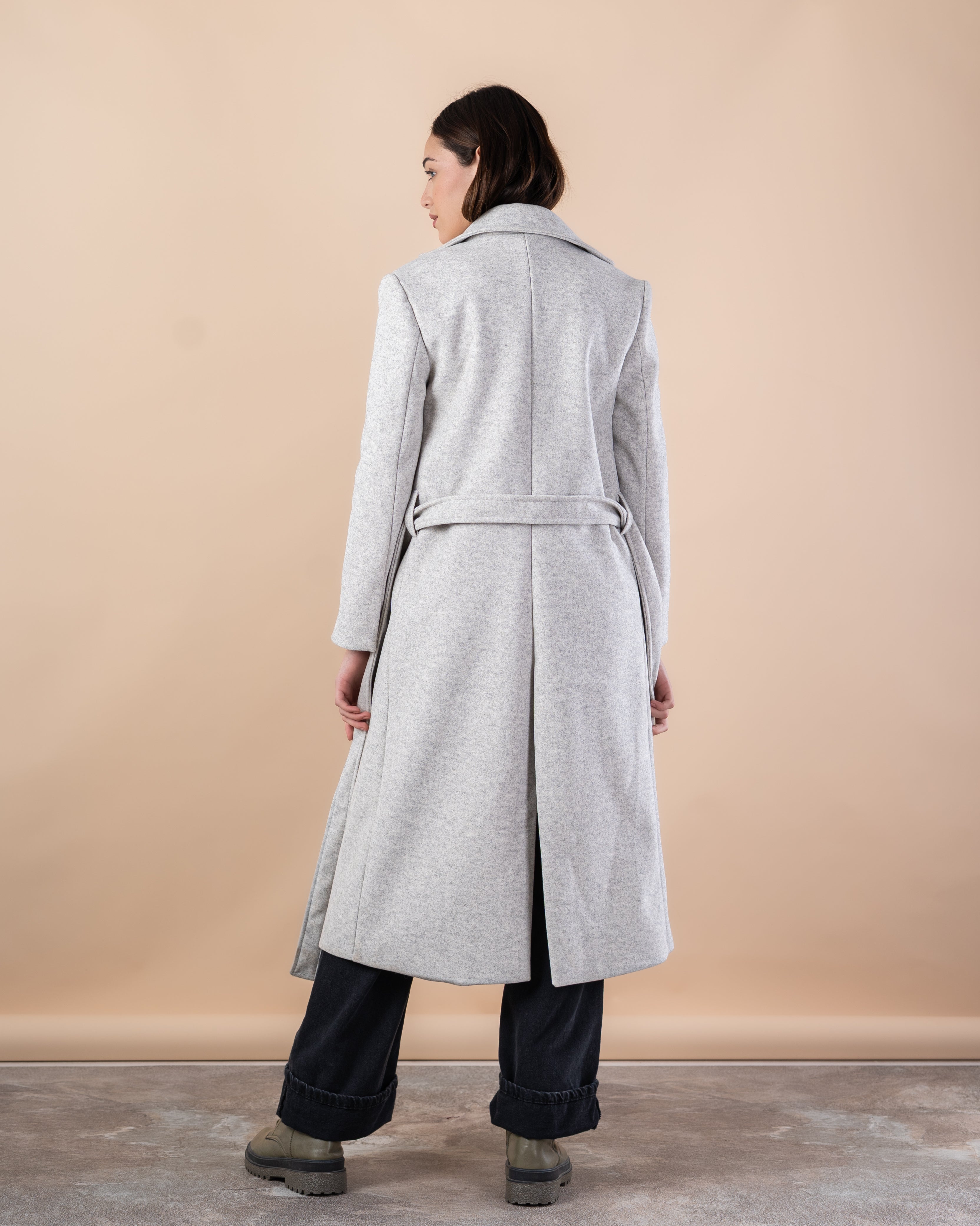 Wool Trench Coat – Long With Belt (Small Collar, 2 Pockets)