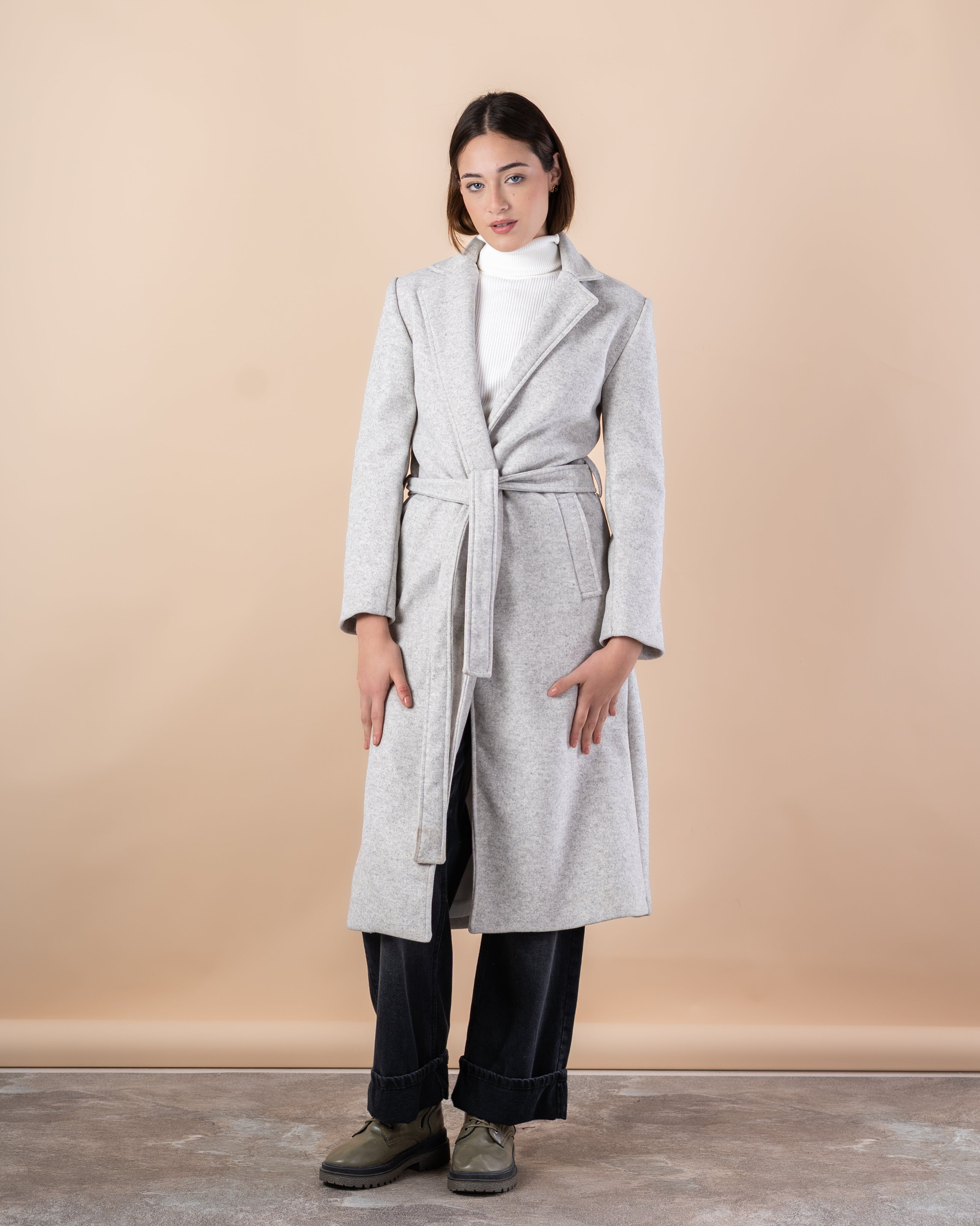 Wool Trench Coat – Long With Belt (Small Collar, 2 Pockets)