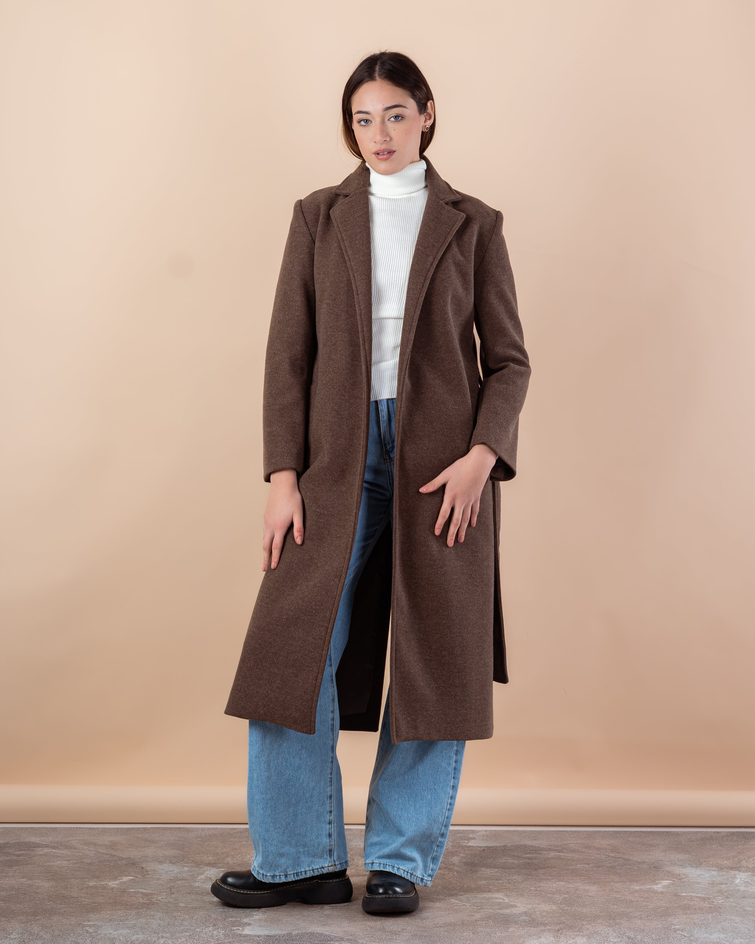 Wool Trench Coat – Long With Belt (Small Collar, 2 Pockets)