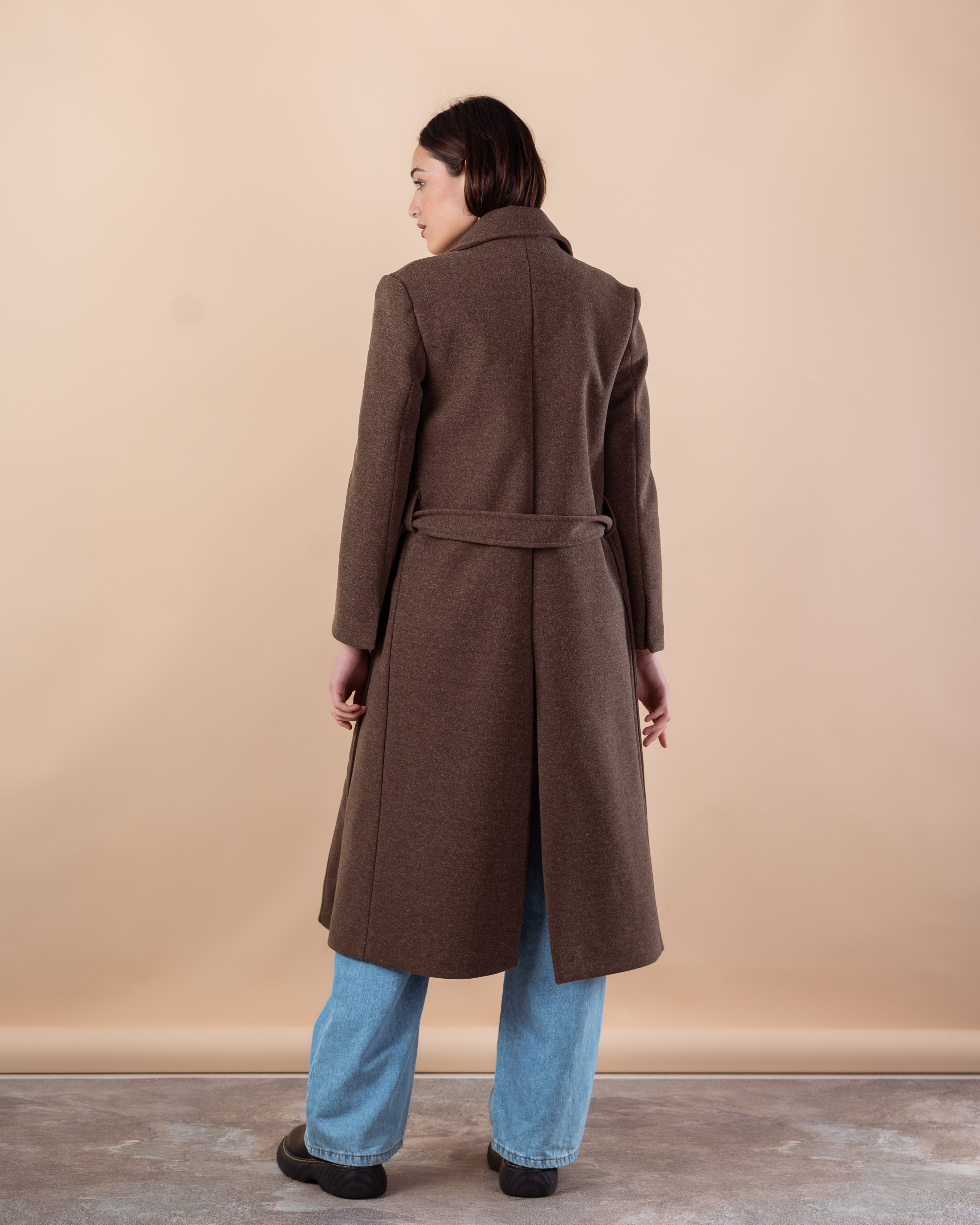 Wool Trench Coat – Long With Belt (Small Collar, 2 Pockets)