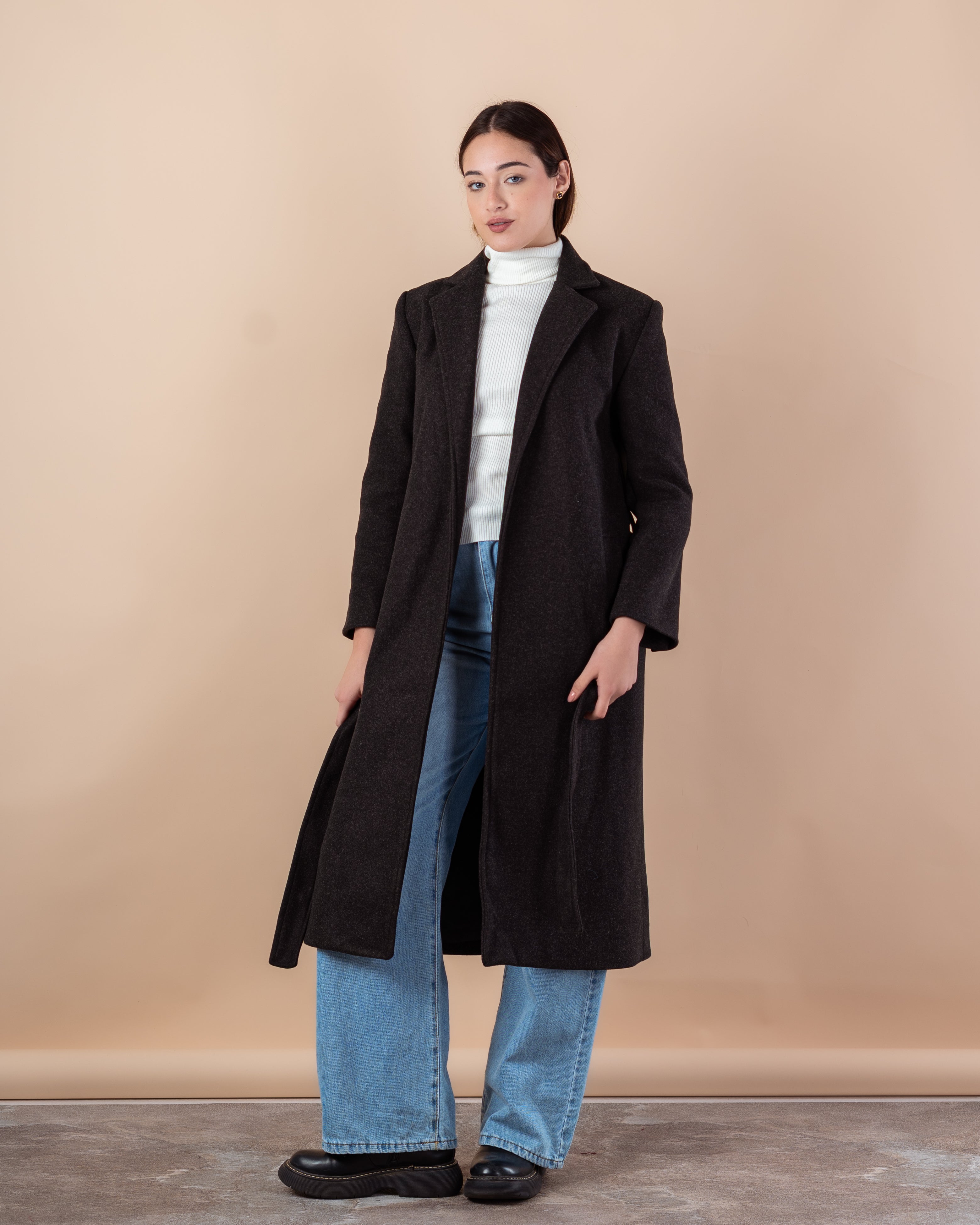 Wool Trench Coat – Long With Belt (Small Collar, 2 Pockets)