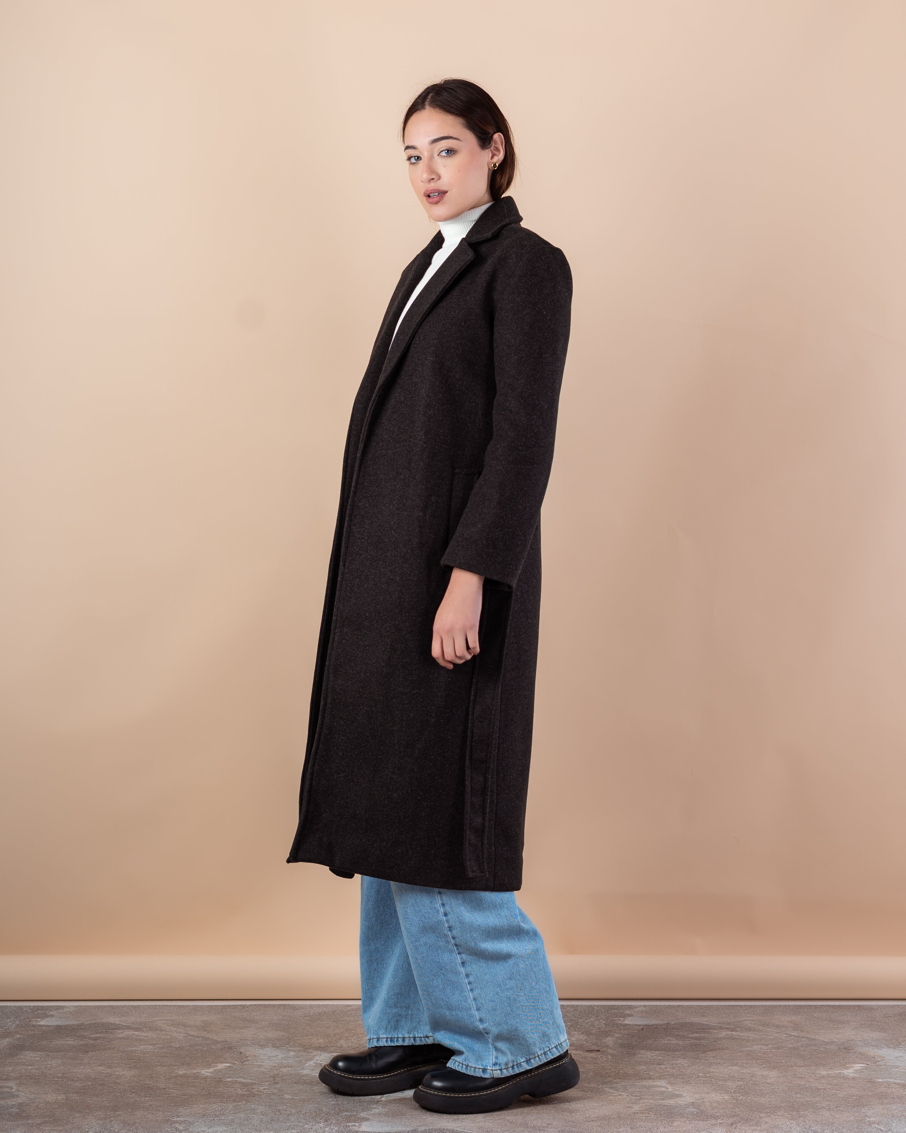 Wool Trench Coat – Long With Belt (Small Collar, 2 Pockets)