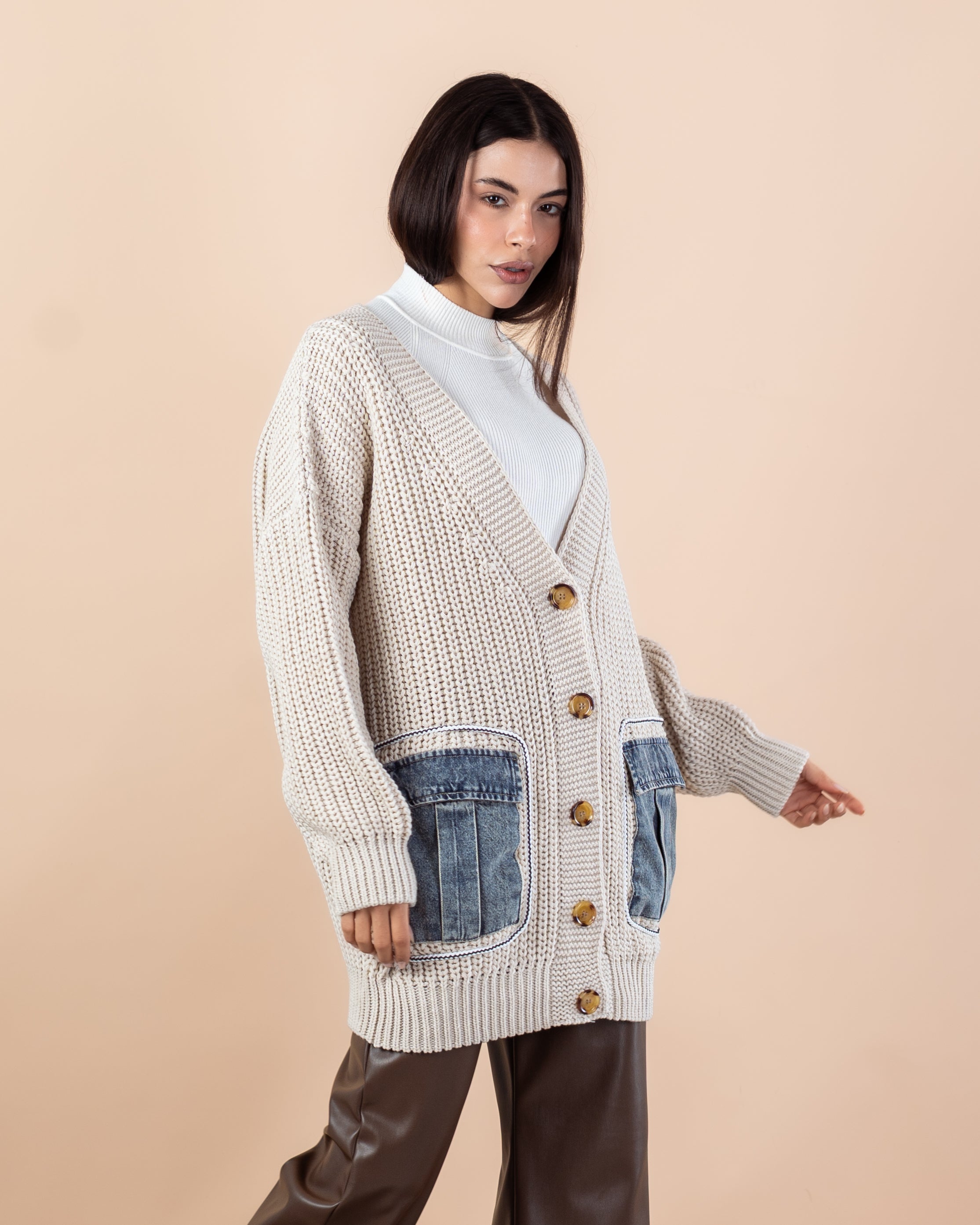 Knitwear Cardigan – (Denim Pocket)