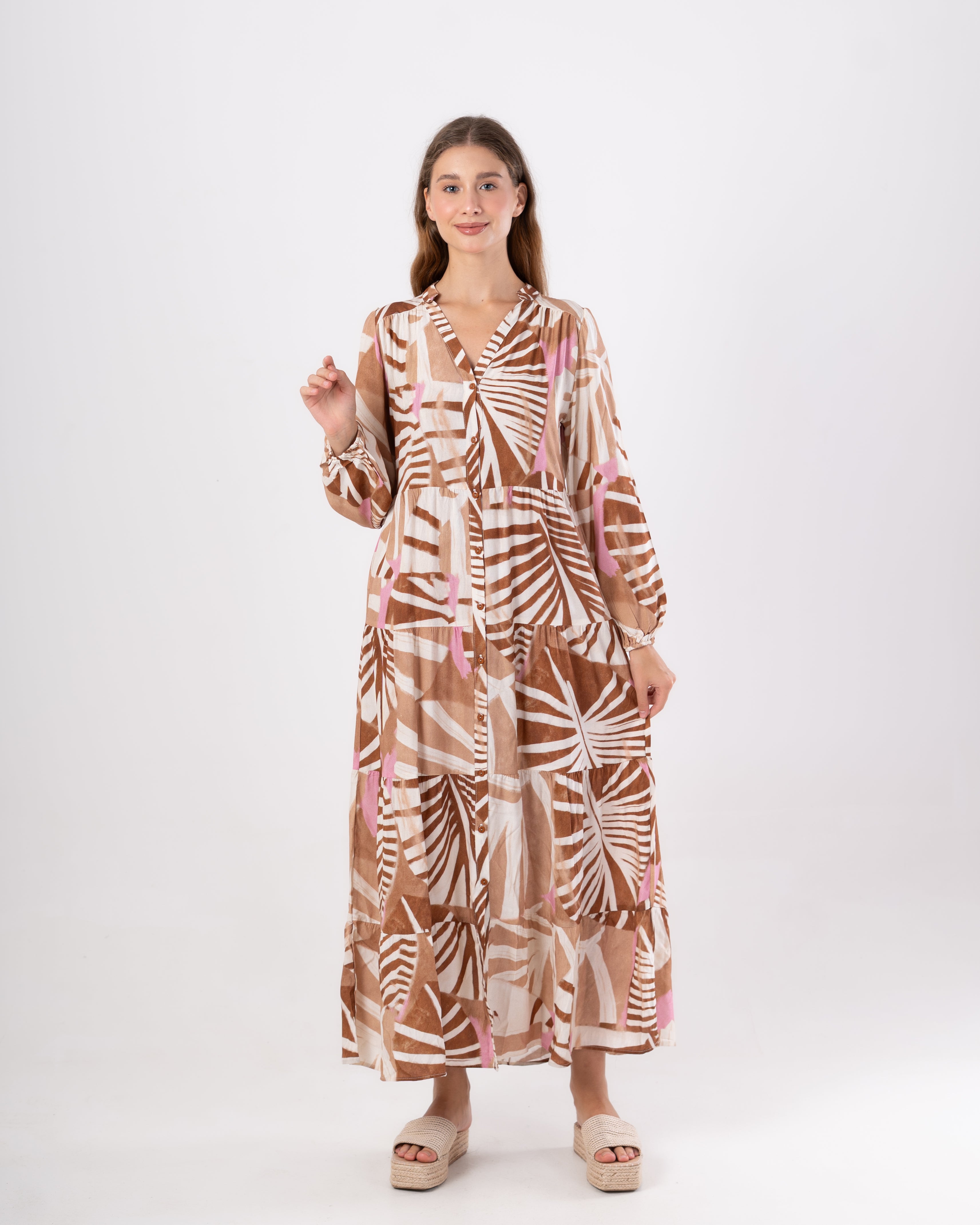 Long V-Neck Dress – Multicolor Floral Print